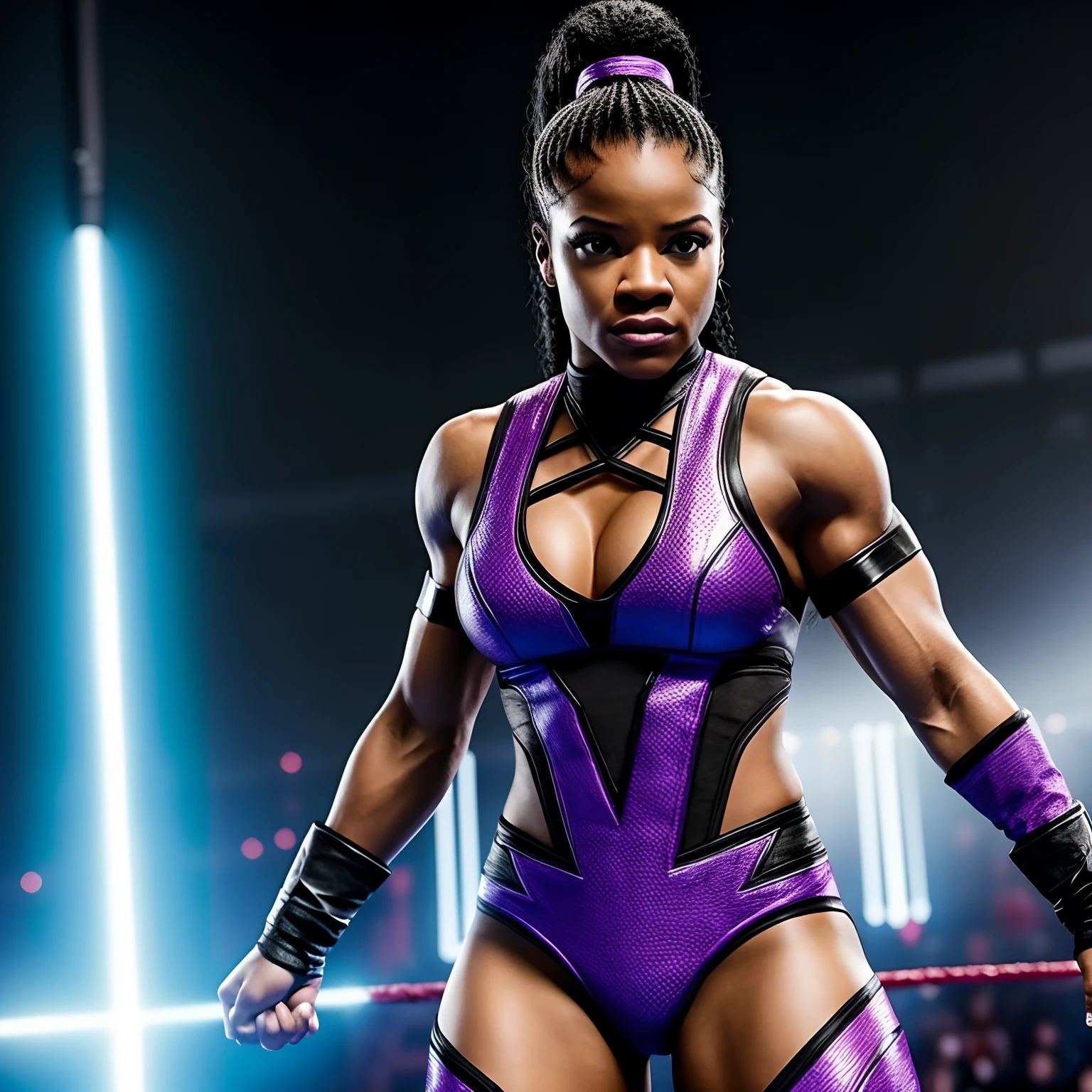 Female superstar Bianca Belair WWE is ready to fight the Mortal Kombat Outworld Hyperrealistic background scene..................