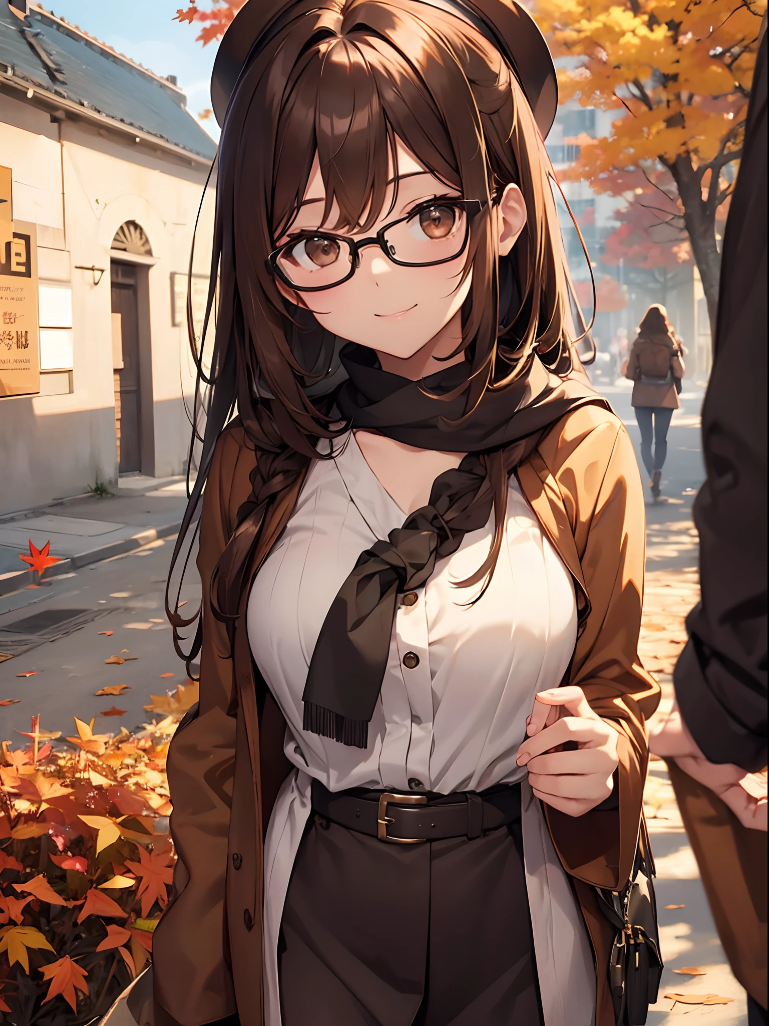 1 female、brown haired(Curta)、Brown eyes、Black-rimmed glasses、Best Quality、ultra-detailliert、8K resolution、Raw photo、masutepiece、Seductive、gorgeous faces、Perfect body、a smile、Autumn walk