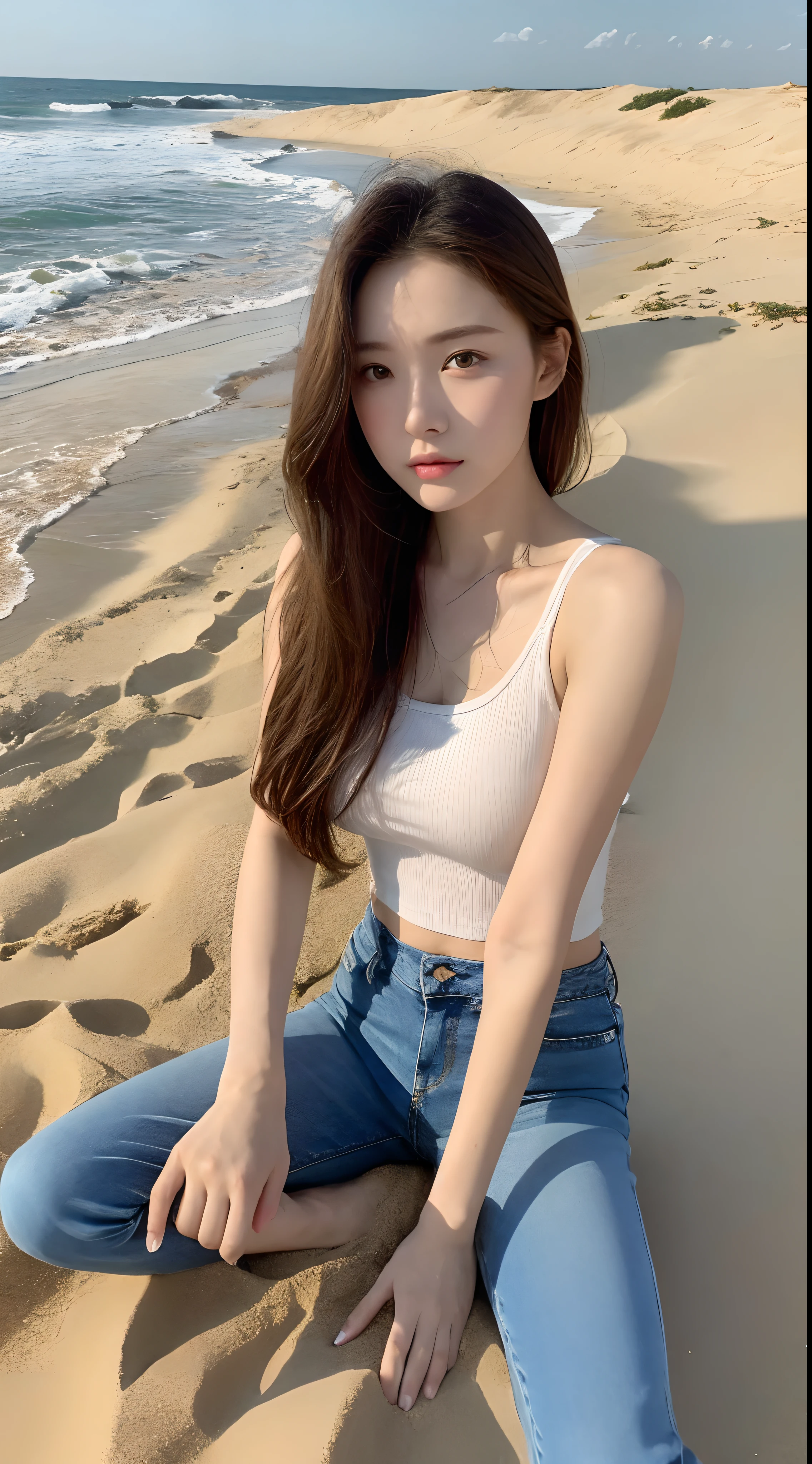 （Lifelike， A high resolution：1.3）， 1 girl with a perfect body， Super fine face and eyes，long whitr hair， Tank top of random colors：1.2， short jeans pants，（The background is sand and sea）（Large area of sea water and blue sky1.3）（Tyndall Sunshine）