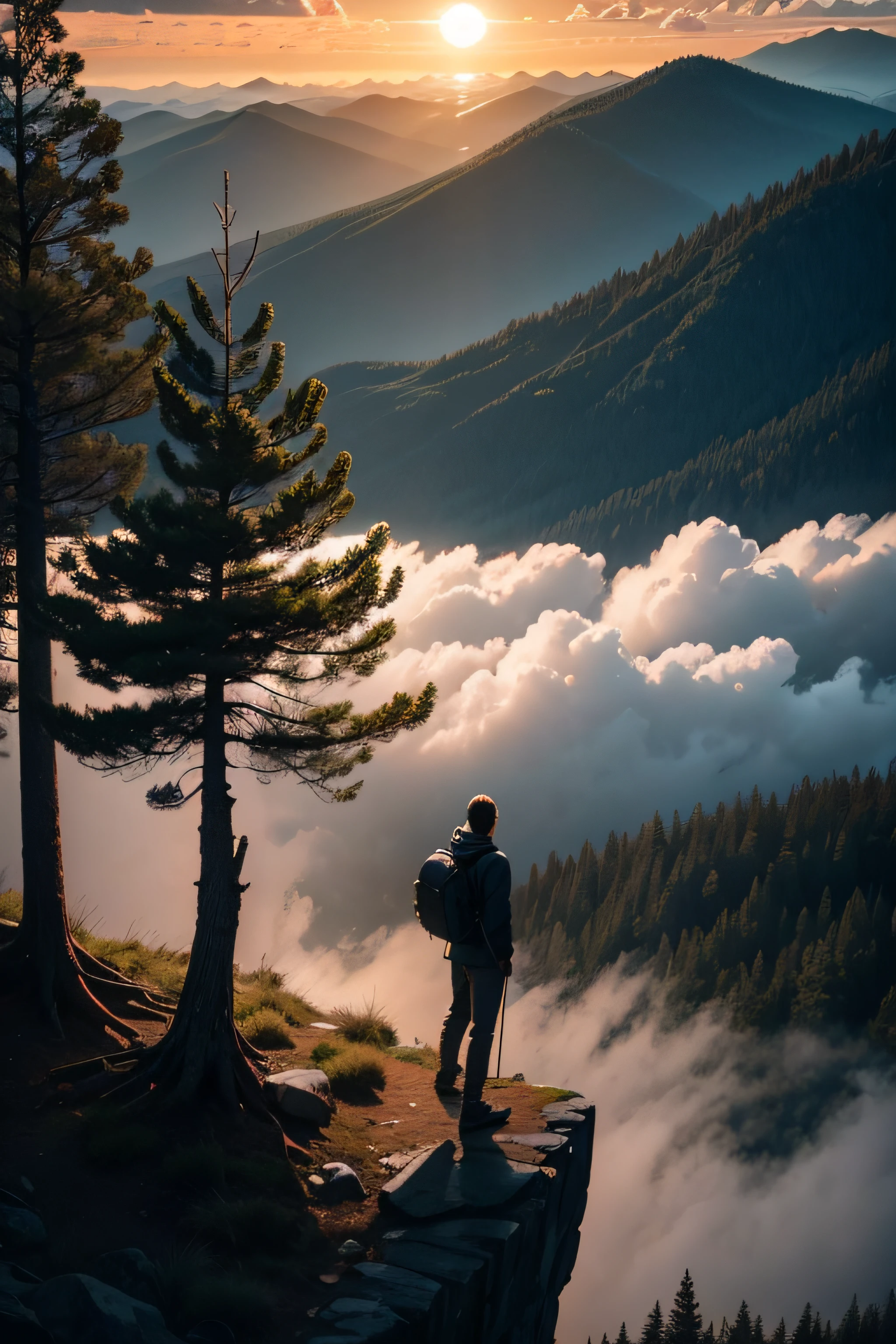 hiking man on mountain, cloudy sky, sunset, some pine tree, black background