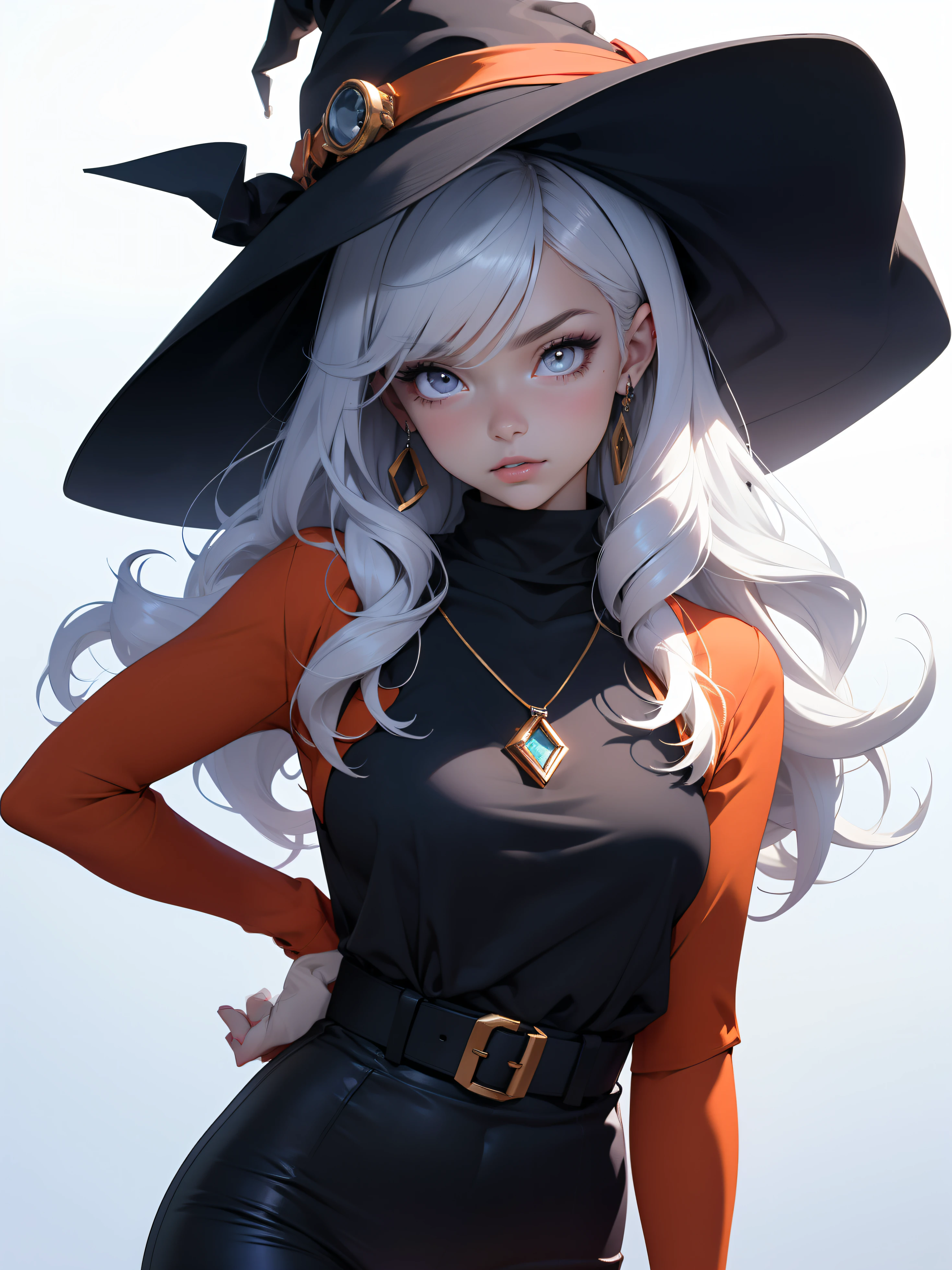 teenage halloween witch, purple dress, conical witch hat, corpo todo, maquiagem, mascara, Lips are soft or colored, fundo preto simples, minimalismo, monotone, paletas de cores simples, limpo, Crisp drawings, silhuetas fluidas, lo gothic , half pants, vestido preto, witch hat, Saia, Asymmetric, geometric, half trawler, Simple and minimalist accessories, Necklaces and thin rings in silver or gold, Pulseiras simples, Designs diferentes,  silhuetas simples, estilo simples e sofisticado, elegence, minimalismo, materiais de alta qualidade, Fresh and urban printing, alta moda, Simplicity and sophistication, vermelho, cor preta, sexy, rosto infantil