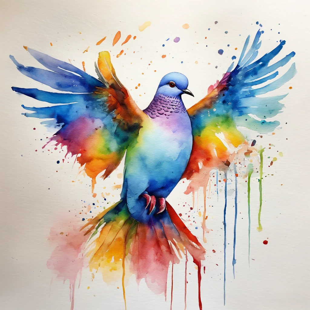 Picture of a dove, rainbow colours, vibrant, spectacular