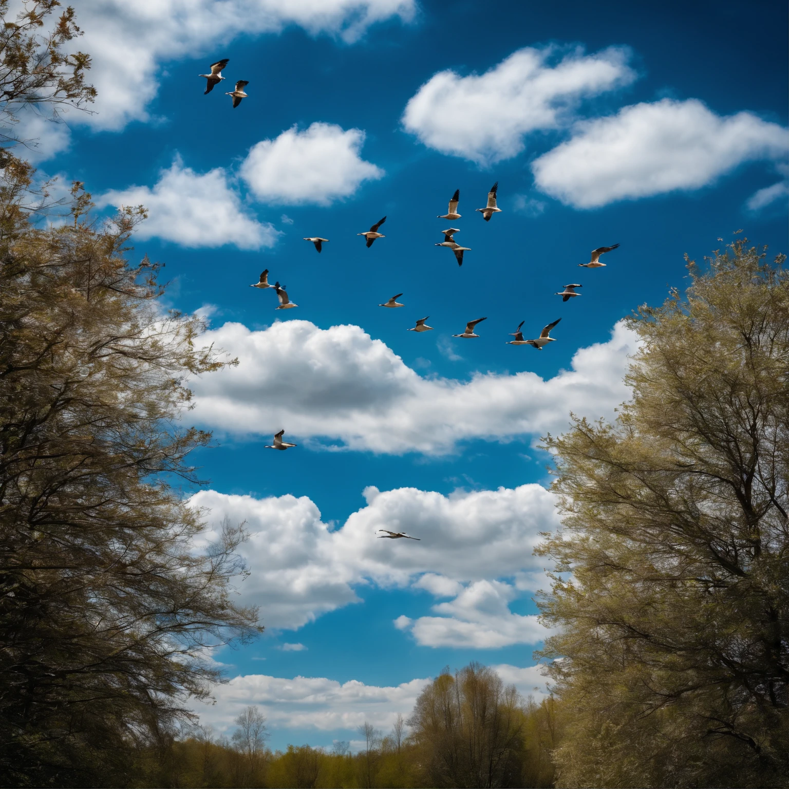 Wild geese under blue sky and white clouds