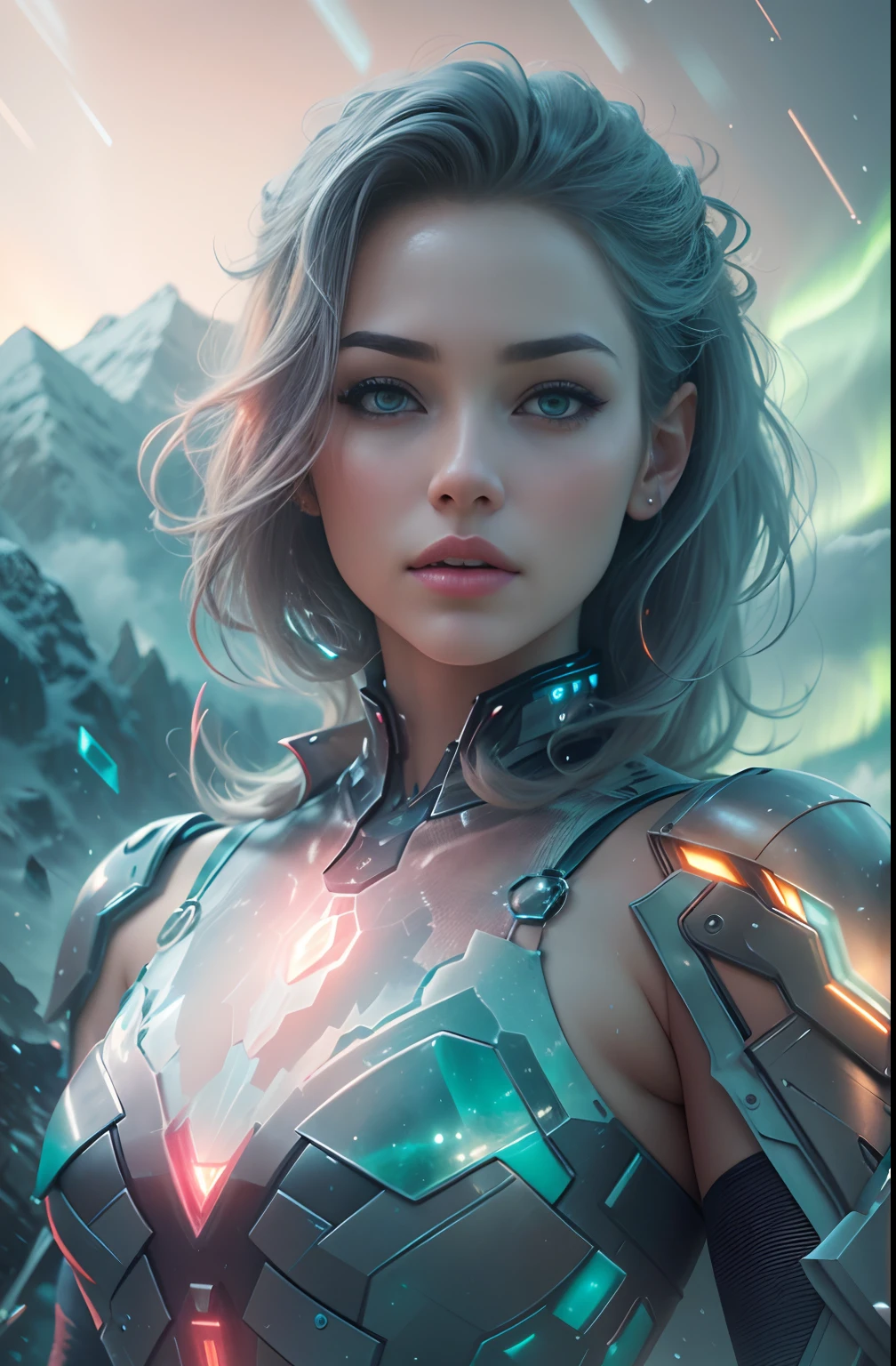 ModelShoot style, (Extremely detailed Cg Unity 8K wallpaper),cyber punk perssonage [Snowy mountain landscape with fog：Transparent ethereal girl，snow mountains：0.33] Immerse yourself in the beautiful aurora，Live in the clouds of the starry sky，Behind the clouds，（Doubleexposure：1.3），The face blends with the aurora，Overlay with snowy mountains，Multiple elements blend the image，photography of：Brandon Woelfelmist，Surreal dreams，Gray atmosphere，raining day，dyna，lut，hdr，Surrealist art fantasy style，Epic digital fantasy art style，Beautiful sci-fi art, Science-fi digital art illustration,science fiction digital painting, futuristic digital painting, futuristic concept art, In front of the sci-fi snowy mountain landscape, science fiction digital art, Fantastic transparent ethereal girl