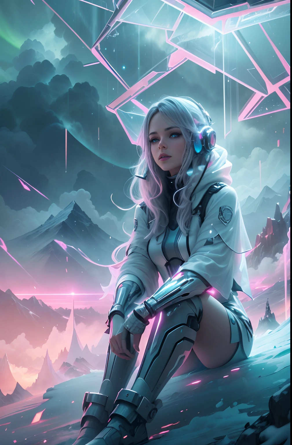 ModelShoot style, (Extremely detailed Cg Unity 8K wallpaper),cyber punk perssonage [Snowy mountain landscape with fog in the distance：Transparent ethereal girl，snow mountains：0.33] Immerse yourself in the beautiful aurora，Live in the clouds of the starry sky，Behind the clouds，（Doubleexposure：1.3），photography of：Brandon Woelfelmist，Surreal dreams，Gray atmosphere，raining day，dyna，lut，hdr，Surrealist art fantasy style，Epic digital fantasy art style，Beautiful sci-fi art, Science-fi digital art illustration,science fiction digital painting, futuristic digital painting, futuristic concept art, In front of the sci-fi snowy mountain landscape, science fiction digital art,  Fantastic transparent ethereal girl