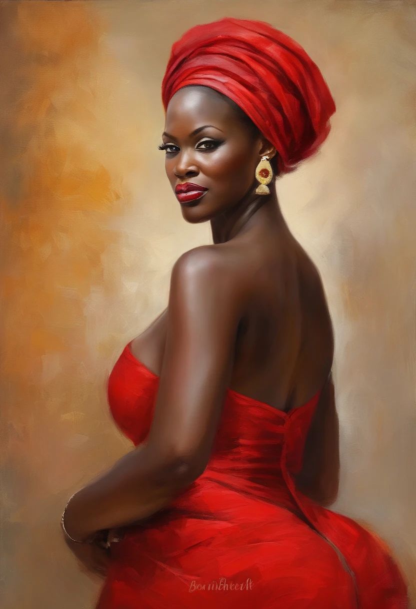 (((bursty))) Woman wearing red dress, (((big boobs))), (((cleavage))), vestido ornamentado vermelho,  mulhee negra africana, mulher vermelha bonita, usando um vestido africano, beleza estonteante, mulher deslumbrante, Tema vermelho cabelo ondulado, mulher africana