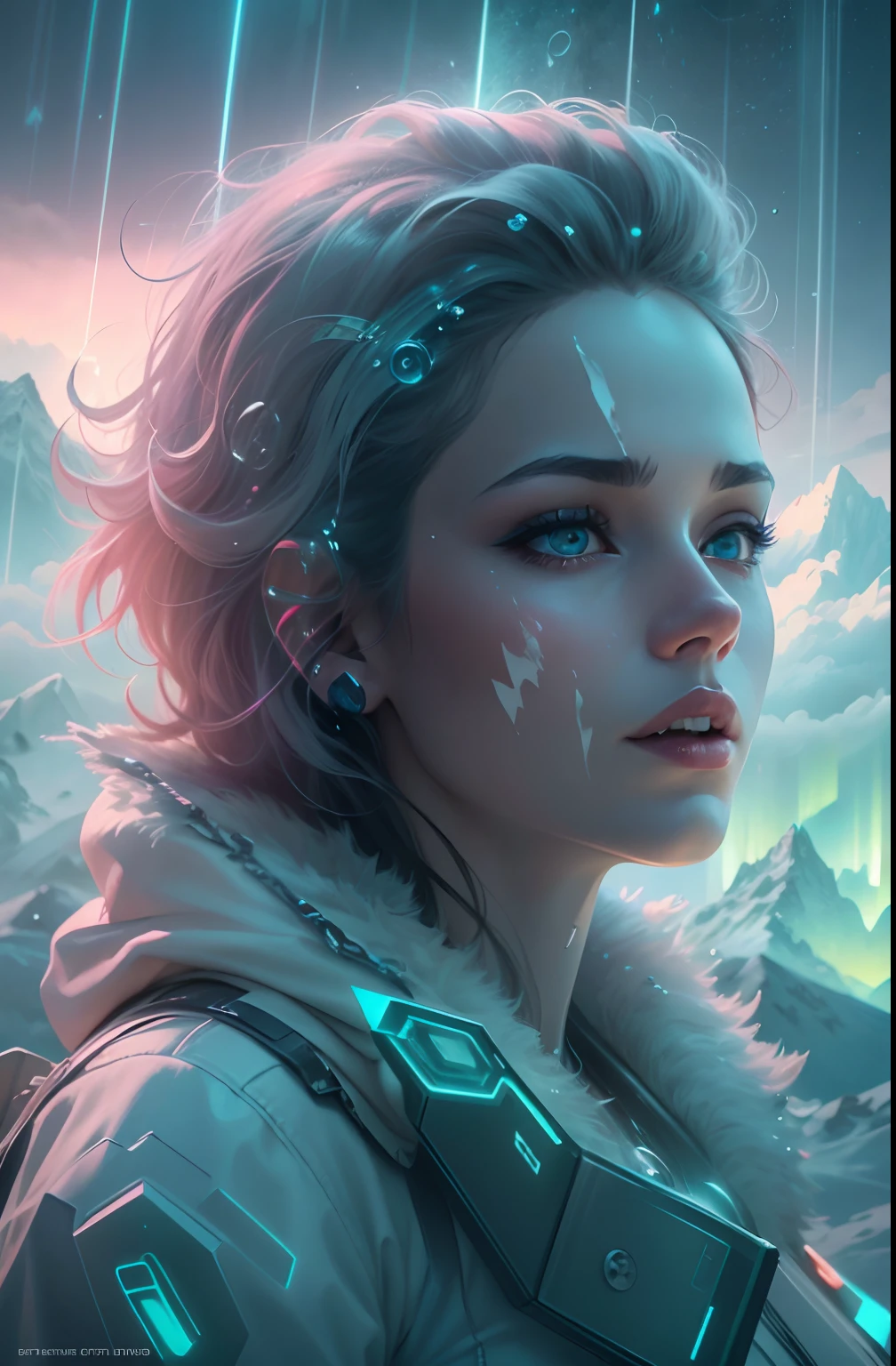 ModelShoot style, (Extremely detailed Cg Unity 8K wallpaper),cyber punk perssonage [Snowy mountain landscape with fog in the distance：Transparent ethereal girl，snow mountains：0.33] Immerse yourself in the beautiful aurora，Live in the clouds of the starry sky，Behind the clouds，（Doubleexposure：1.3），photography of：Brandon Woelfelmist，Surreal dreams，Gray atmosphere，raining day，dyna，lut，hdr，Surrealist art fantasy style，Epic digital fantasy art style，Beautiful sci-fi art, Science-fi digital art illustration,science fiction digital painting, futuristic digital painting, futuristic concept art, In front of the sci-fi snowy mountain landscape, science fiction digital art,  Fantastic transparent ethereal girl