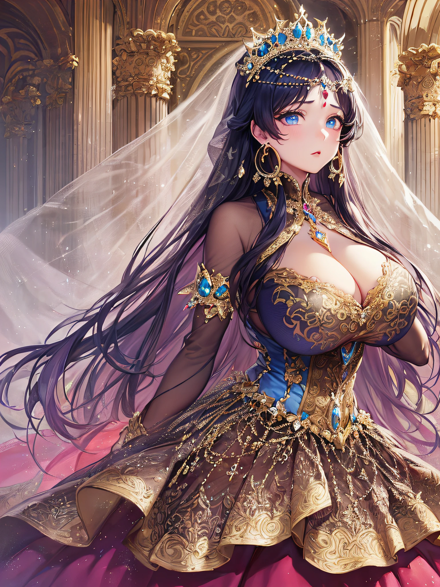 (masterpiece, best quality,extremely detailed:1.1),(moe anime art style:1.3),1girl,((full body,focus face)),((solo)), cute, kawaii,digital art,((1 princess wearing beautiful embroidery and jeweled gorgeous princess rococo ballgown with voluminous full length hoop skirt)),((crinoline)),long train,voluminous frills,See-through,(gorgeous embroidery and beautiful lace),(((gigantic tits))),skindentation,cleavage,shiny hair,(((very long hair,very long straight hair))),((finely detailed face and eyes)),clear pupil,extremely gorgeousfull hair ornament,(bling-bling jeweled extremely gorgeousfull tiara),(bling-bling gorgeous gemstone jewelry),long veil,(beautiful background),full body,((beautiful embroidery and jeweled gorgeous princess rococo ballgown with voluminous full length hoop skirt))