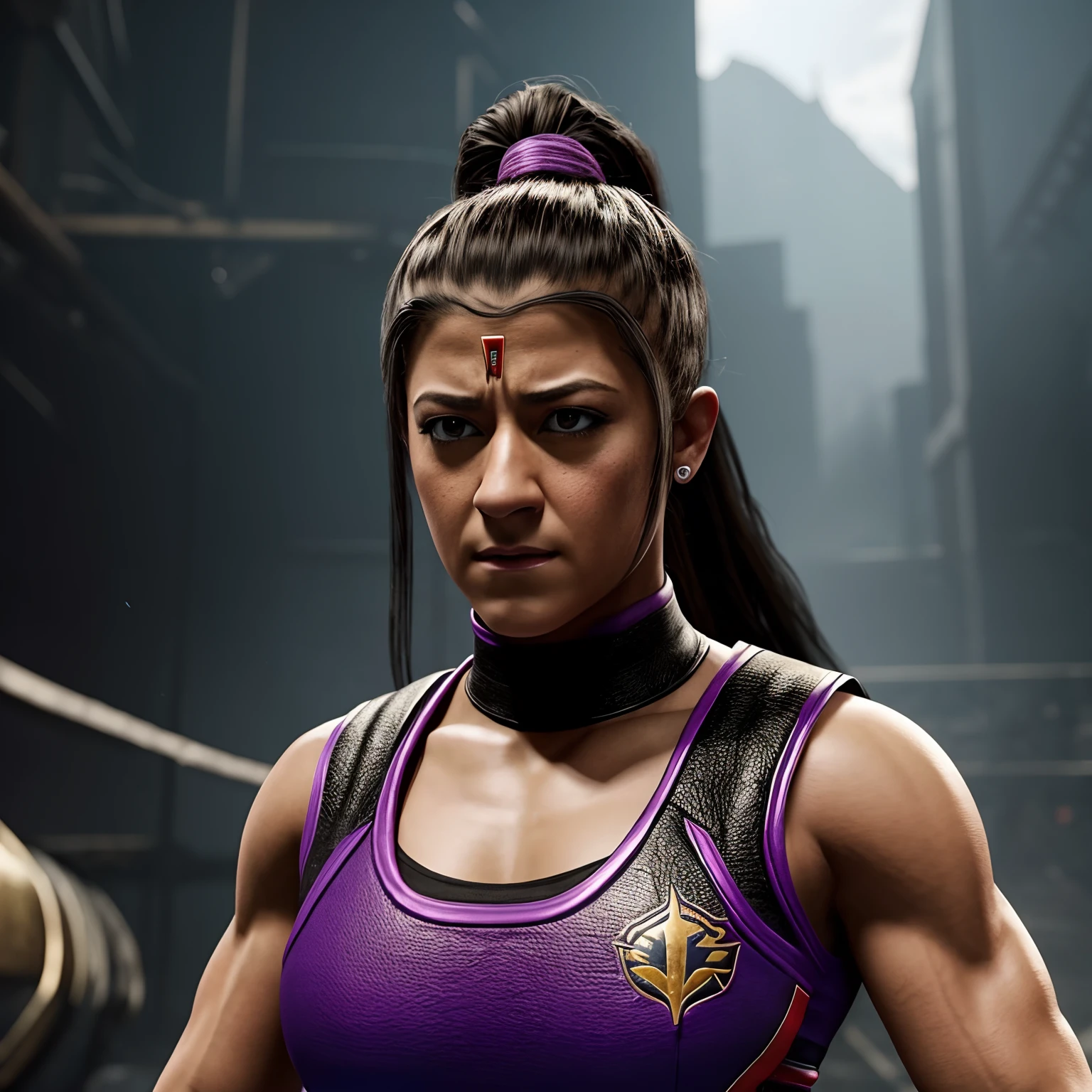 Female Bayley WWE superstar ready to fight against Mortal Kombat Outworld Hyperrealistic background scene..................