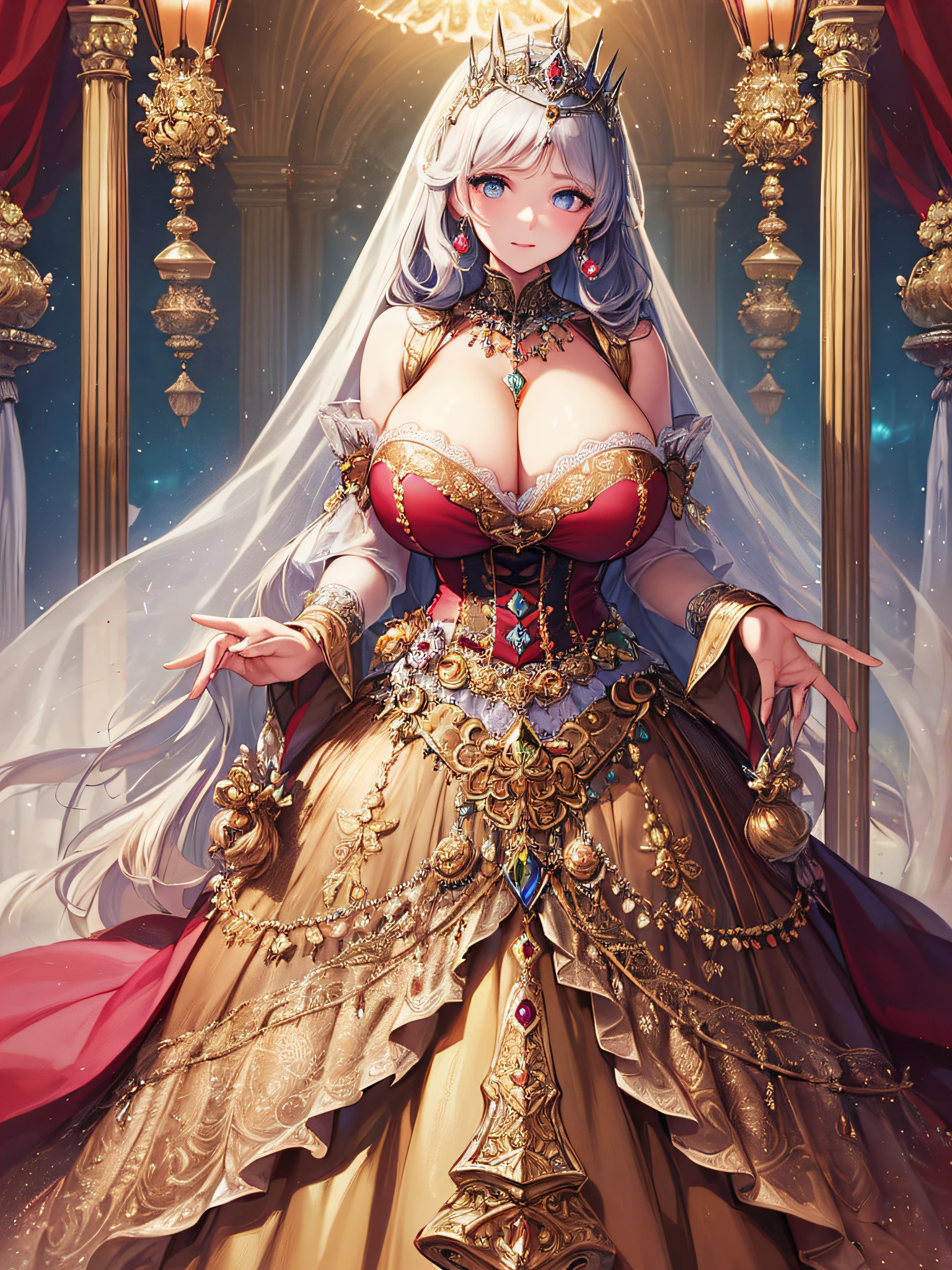 (masterpiece, best quality,extremely detailed:1.1),(moe anime art style:1.3),1girl,((full body,focus face)),((solo)), cute, kawaii,digital art,((1 princess wearing beautiful embroidery and jeweled gorgeous princess rococo ballgown with voluminous full length hoop skirt)),((crinoline)),long train,voluminous frills,See-through,(gorgeous embroidery and beautiful lace),(((gigantic tits))),skindentation,cleavage,shiny hair,(((very long hair,very long straight hair))),((finely detailed face and eyes)),clear pupil,extremely gorgeousfull hair ornament,(bling-bling jeweled extremely gorgeousfull tiara),(bling-bling gorgeous gemstone jewelry),long veil,(beautiful background),full body,((beautiful embroidery and jeweled gorgeous princess rococo ballgown with voluminous full length hoop skirt))