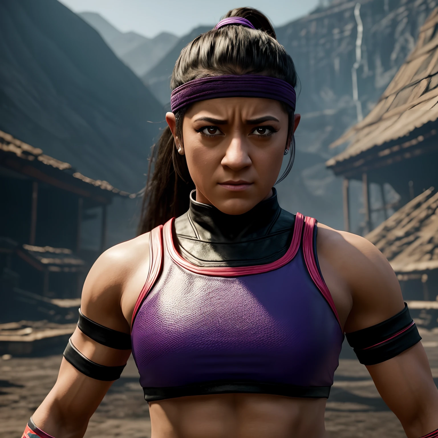 Female Bayley WWE superstar ready to fight against Mortal Kombat Outworld Hyperrealistic background scene..................