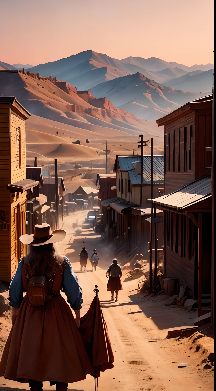 9: image of old west, Wild West, Silver mining in Virginia city of USA old west, Wild West vintage colors, old west red sky and dust. Cowboys working and women standing in old west dress