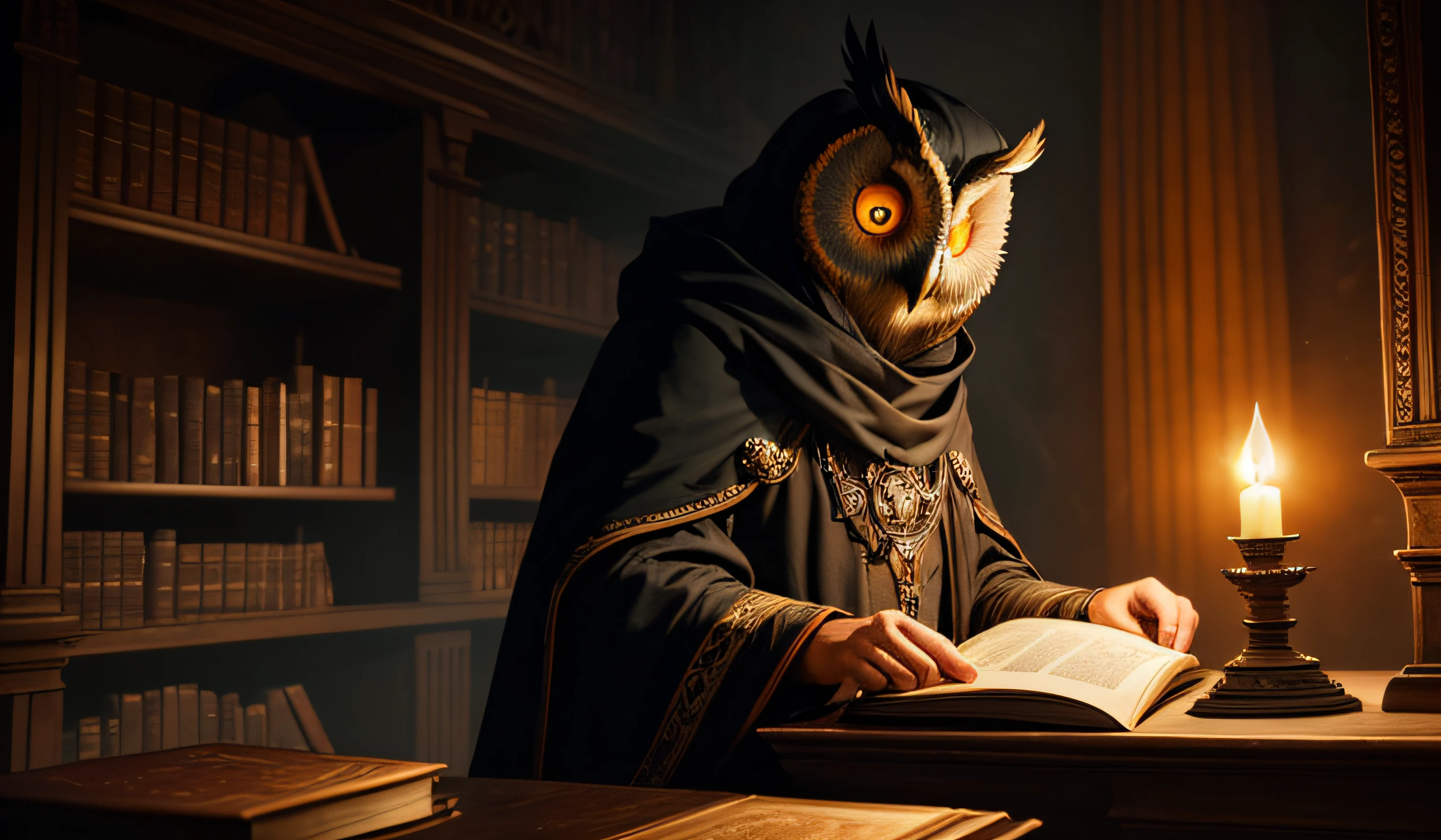 best quality,ultra-detailed,photorealistic,(dark fantasy:1.2),(owl-headed man,owl-headed wizard),orange-eyed,feathered cloak,reading a book in a library,orange environment,portrait,concept art,deep shadows,dramatic lighting,ominous atmosphere,spellbinding,haunting,haze of magic,enchanted,mysterious artifacts,surreal,otherworldly,charming and eerie at the same time,ancient tomes,cracked leather bindings,dusty shelves,whispering pages,old wooden tables,flickering candlelight,magical illustrations,detailed and intricate illustrations,subtle magical glow,bookshelves stretching into the distance,wisps of magic swirling in the air,book of spells,hidden doors and secret passages,hooded figures,unexpected mysteries around every corner,an air of ancient wisdom,eyestrain warning,orchid color scheme,contrasting light and shadow,orange hues dancing in the darkness,mesmerizing and captivating,an escape into a world of imagination and wonder.