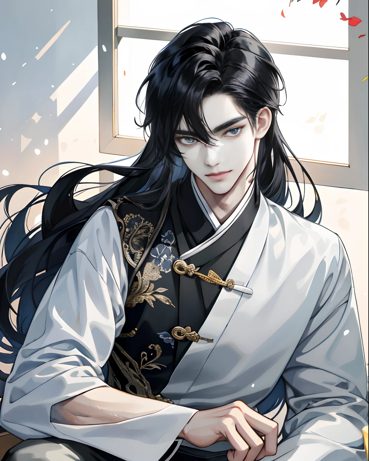 (hoang lap,A high resolution,Hyper-detailing),1boys,Slim beautiful man,-18 yeomplicated details,enlarged textures,Complicated details,Fine eyes and detailed face,Complicated details,Hair as white as snow,(Keep one's mouth shut),perfect eyes,matching eyes,Light and shadow,魅惑的,Cold,slightly long hair,Affectionate,ink and watercolor painting,ancient Chinese costume,Long black hair spread out,hair flowing,