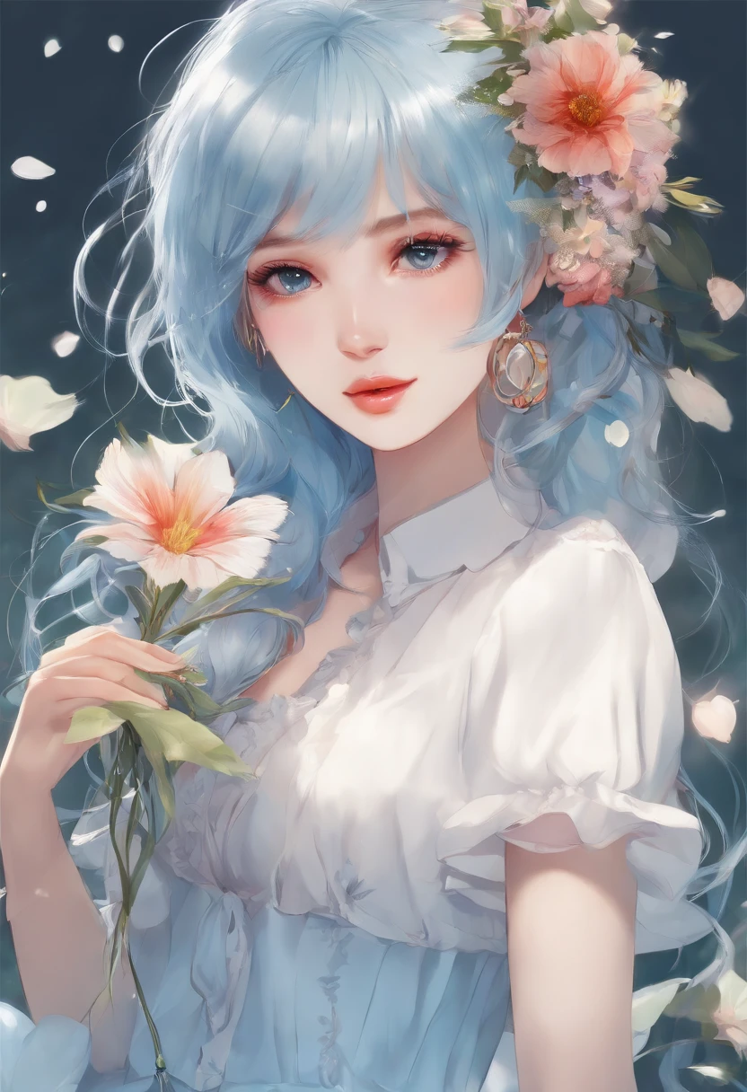 (Masterpiece), (Best quality), (Ultra detailed),(Disheveled hair),(illustration), (1girll), (Fashionable clothing), standing, Fashion model, view the viewer, (interview), (Simple background),Beautiful detailed eyes, Delicate beautiful face, Floating,(High saturation),(Colorful splashes),colorful bubble,(Shining), focus onface, pony tails, Kamiasto ayaka, Light blue hair, bangs, Hair ring, Floating flowers, Floating hairs, (Shining), BEST lighting, Best shadow,