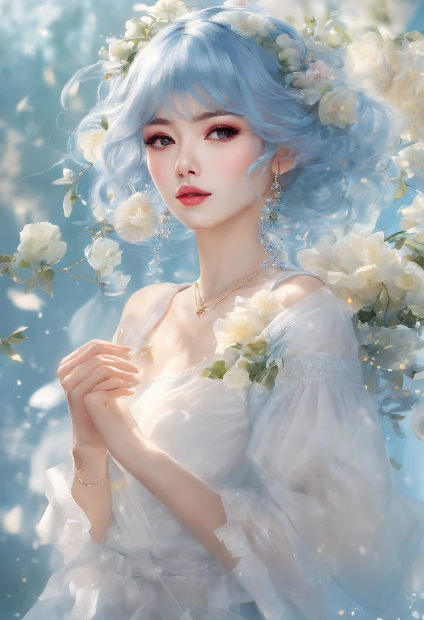 (Masterpiece), (Best quality), (Ultra detailed),(Disheveled hair),(illustration), (1girll), (Fashionable clothing), standing, Fashion model, view the viewer, (interview), (Simple background),Beautiful detailed eyes, Delicate beautiful face, Floating,(High saturation),(Colorful splashes),colorful bubble,(Shining), focus onface, pony tails, Kamiasto ayaka, Light blue hair, bangs, Hair ring, Floating flowers, Floating hairs, (Shining), BEST lighting, Best shadow,