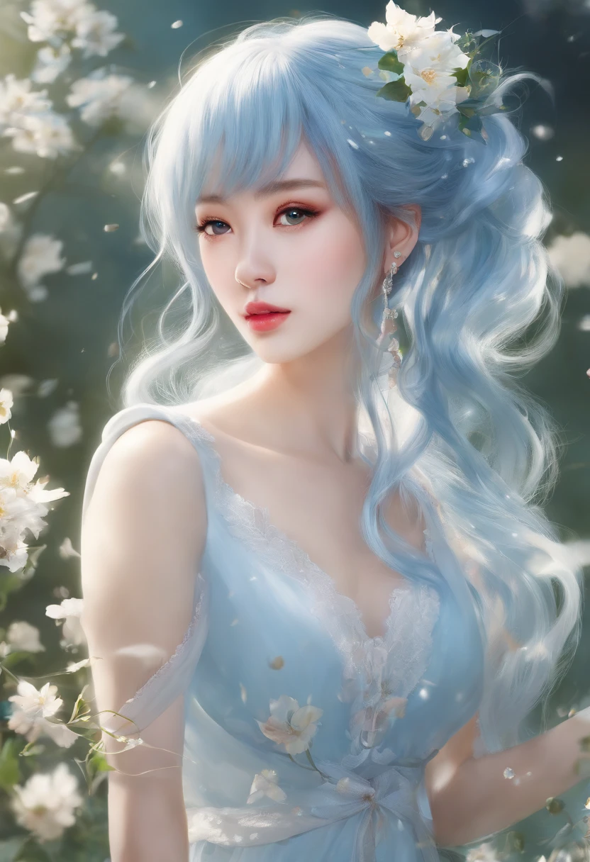 (Masterpiece), (Best quality), (Ultra detailed),(Disheveled hair),(illustration), (1girll), (Fashionable clothing), standing, Fashion model, view the viewer, (interview), (Simple background),Beautiful detailed eyes, Delicate beautiful face, Floating,(High saturation),(Colorful splashes),colorful bubble,(Shining), focus onface, pony tails, Kamiasto ayaka, Light blue hair, bangs, Hair ring, Floating flowers, Floating hairs, (Shining), BEST lighting, Best shadow,
