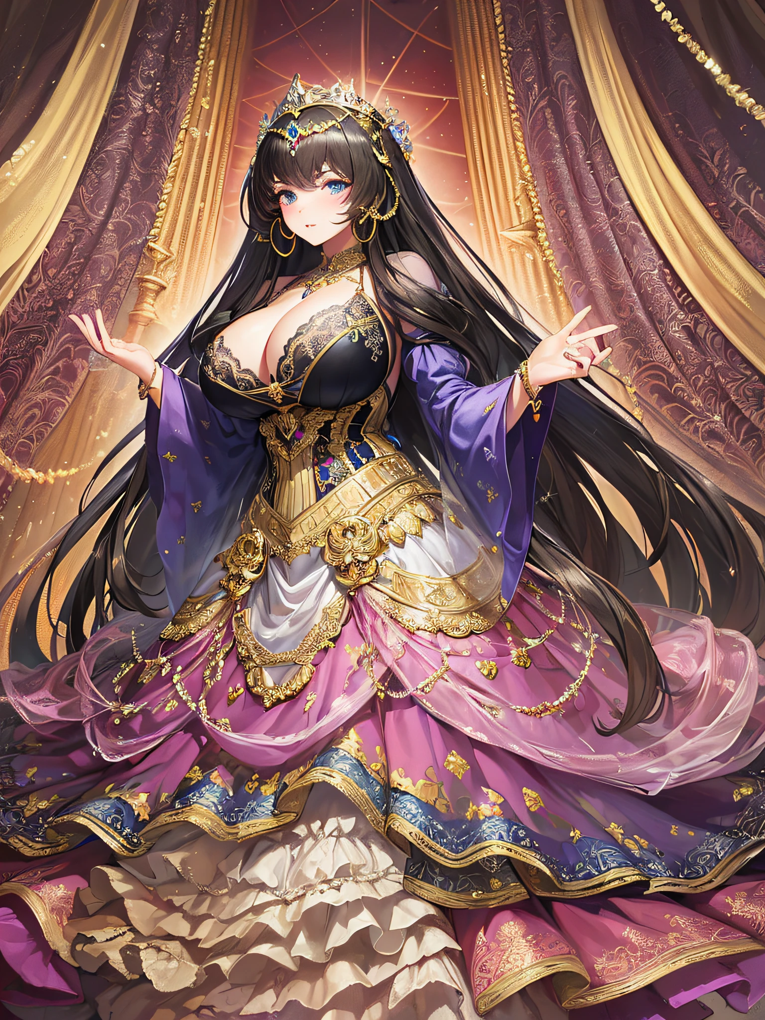 (masterpiece, best quality,extremely detailed:1.1),(moe anime art style:1.3),1girl,((full body,focus face)),((solo)), cute, kawaii,digital art,((1 princess wearing beautiful embroidery and jeweled gorgeous princess rococo ballgown with voluminous full length hoop skirt)),((crinoline)),long train,voluminous frills,See-through,(gorgeous embroidery and beautiful lace),(((gigantic tits))),skindentation,cleavage,shiny hair,(((very long hair,very long straight hair))),((finely detailed face and eyes)),clear pupil,extremely gorgeousfull hair ornament,(bling-bling jeweled extremely gorgeousfull tiara),(bling-bling gorgeous gemstone jewelry),long veil,(beautiful background),full body,((beautiful embroidery and jeweled gorgeous princess rococo ballgown with voluminous full length hoop skirt))