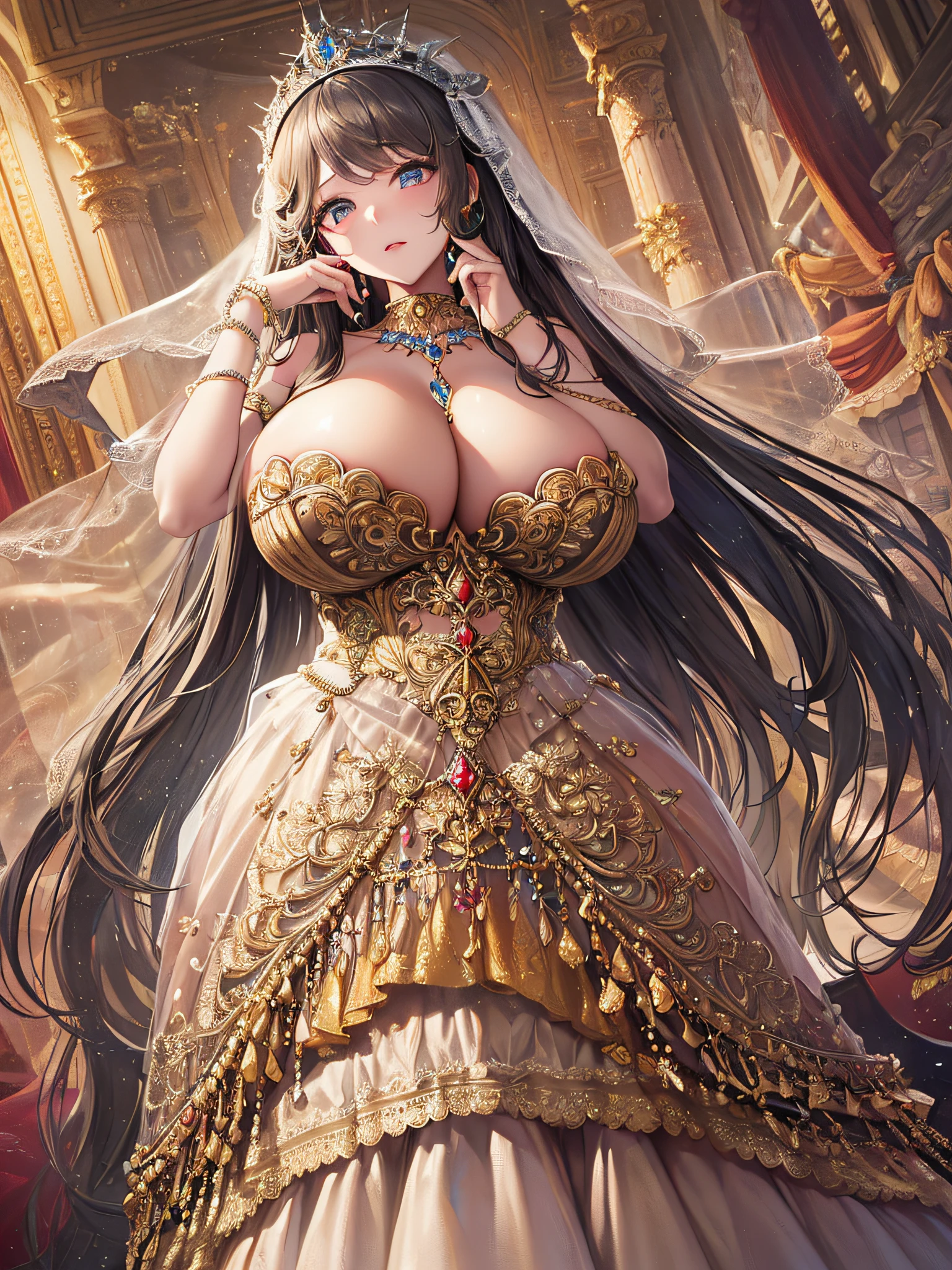 (masterpiece, best quality,extremely detailed:1.1),(moe anime art style:1.3),1girl,((full body,focus face)),((solo)), cute, kawaii,digital art,((1 princess wearing beautiful embroidery and jeweled gorgeous princess rococo ballgown with voluminous full length hoop skirt)),((crinoline)),long train,voluminous frills,See-through,(gorgeous embroidery and beautiful lace),(((gigantic tits))),skindentation,cleavage,shiny hair,(((very long hair,very long straight hair))),((finely detailed face and eyes)),clear pupil,extremely gorgeousfull hair ornament,(bling-bling jeweled extremely gorgeousfull tiara),(bling-bling gorgeous gemstone jewelry),long veil,(beautiful background),full body,((beautiful embroidery and jeweled gorgeous princess rococo ballgown with voluminous full length hoop skirt))