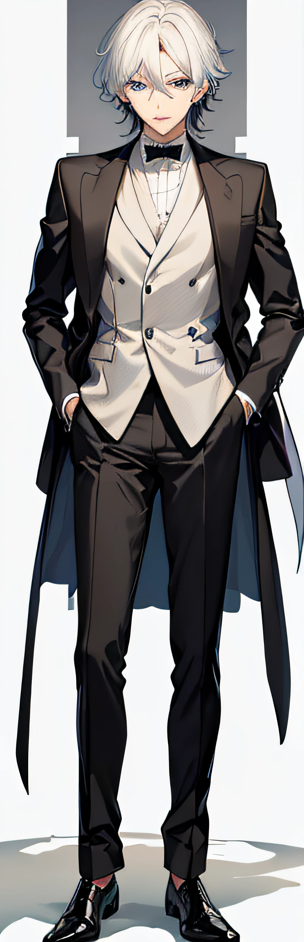 Anime characters wear black suits and white shirts..., Story Details: Wearing a suit, handsome anime pose, Tuxedo, Wear a tuxedo..., Wear a tuxedo..., He's wearing a suit..., All body details, ((Wear a noble robe...)), In a strict suit..., full body close-up shot, Shigenori Soejima illustration, Tall anime guy with blue eyes