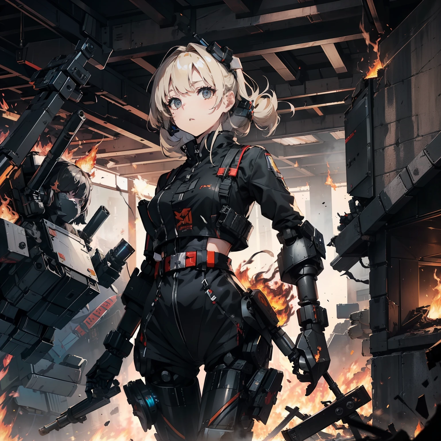 (Female soldier with strong body)、(((Fire machine guns to destroy enemy robots:1.4)))、1 Female 1 Robot、(Black combat uniform)、(platinum-blonde-hair:1.2)、shout out、Have multiple weapons、Running through the rubble、((超A high resolution))、Detail Write、masterpiece、top-quality、extremely details CG、8K picture quality、Cinematographic lighting、lensflare、(Night combat)、((From the inside of the building to the outside))、Hyper-detailing、Android wreckage、((cowboy shot:1.4))、Detailed firearm depiction、Firearms with perfect detail、Perfect barrel、While running at high speed、(dynamic ungle:1.4)、Scattered empty cartridge cases、
