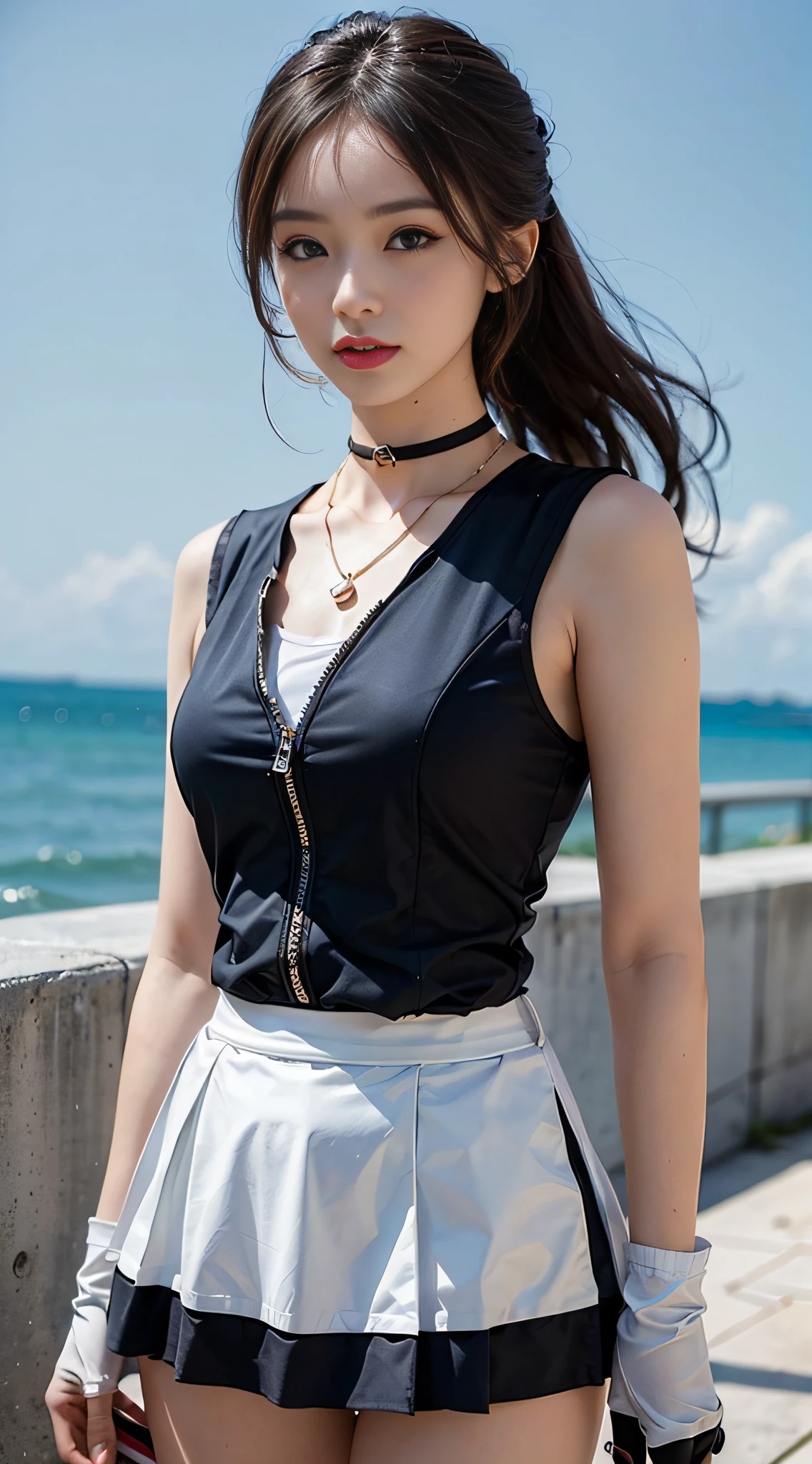 ((masterpiece:1.4)、(top-quality:1.4)、(reallistic:1.7))、masuter piece:1.4、Sexy female combat suit sticking to body、It is a sleeveless sailor suit design with cool blue design on white background.、Sexy super mini skirt in bright fat color integrated with jacket、Wear red gloves、Kawaii Girl、Super beauty、foco nítido、Portrait photos、Upper body photography、beautiful countenance、beautidful eyes、Narrow waist、poneyTail、Raw photo、red-lips、a choker:1.4、a necklace:1.4、耳Nipple Ring:1.4、1 screen display、Outdoor landscape