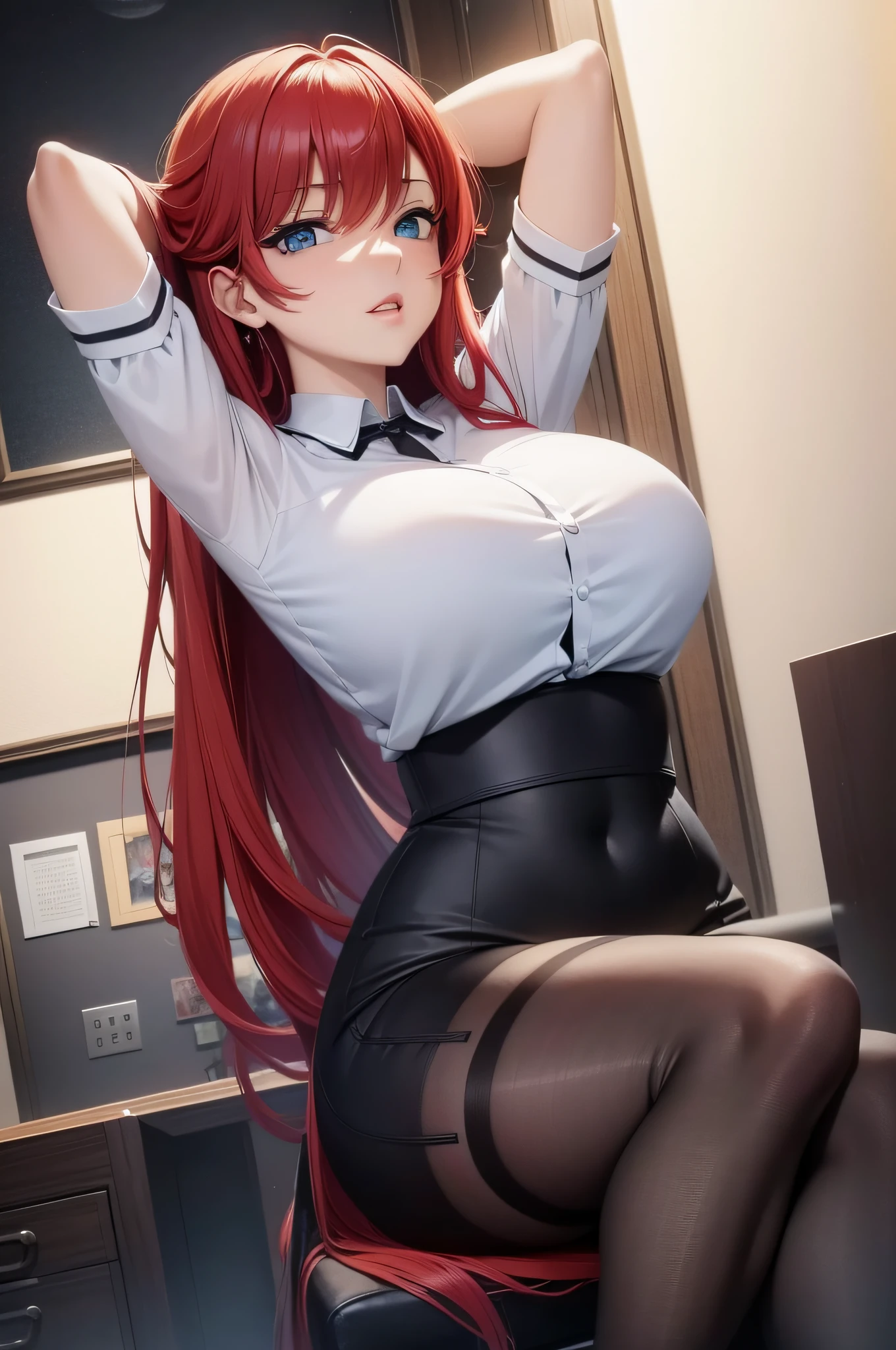 (masterpiece, best quality, detailed),1girl,rias gremory,red hair, ahoge, blue eyes, large breasts , sitting in a chair in an office, (sfw) , seductive anime girl, on a desk, attractive anime girl, smooth anime cg art, beautiful anime girl squatting,at pixiv,office clothes, casual pose, anime moe artstyle,clean detailed anime art,high resolution, (perfect hands, perfect anatomy),