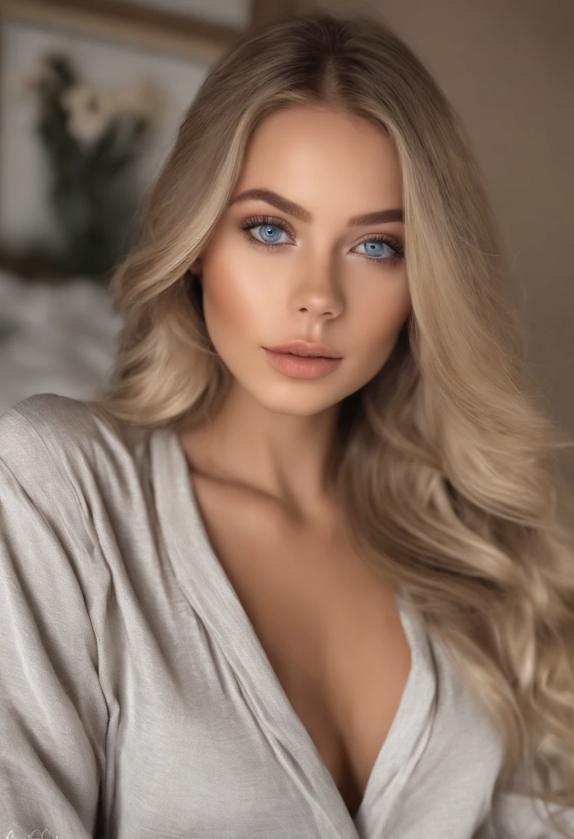 Arafed woman completely , fille sexy aux yeux bleus, ultra realist, Meticulously detailed, Portrait Sophie Mudd, cheveux blonds et grands yeux, selfie of a young woman, Yeux de chambre, Violet Myers, sans maquillage, maquillage naturel, looking straight at camera, Visage avec Artgram, Maquillage subtil, Great photo of the whole body kneeling on the bed, dans la chambre, Medium to large bust