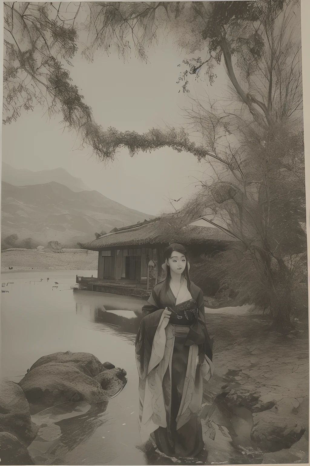shukezouma, negative space, , shuimobysim , portrait of a woman standing , willow branches, (masterpiece, best quality:1.2), traditional chinese ink painting, (traditional Chinese painting), monochrome, modelshoot style, peaceful, (smile), looking at viewer, wearing long hanfu, hanfu, song, willow tree in background, wuchangshuo, Distant mountains, small lakes, gazebos, lonely boats,