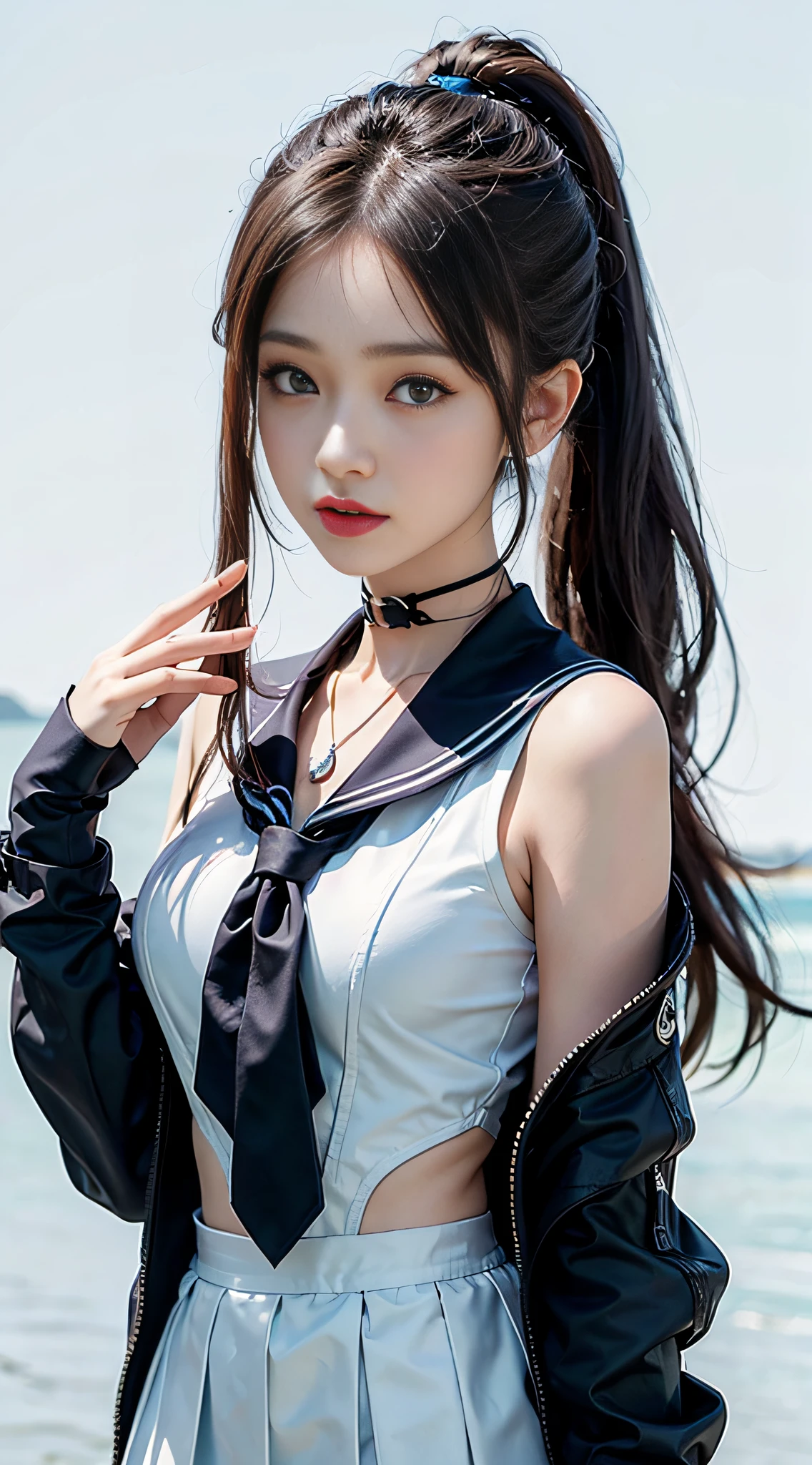 ((masterpiece:1.4)、(top-quality:1.4)、(reallistic:1.7))、masuter piece:1.4、Sexy female combat suit sticking to body、It is a sleeveless sailor suit design with cool blue design on white background.、Sexy super mini skirt in bright fat color integrated with jacket、Wear red gloves、Kawaii Girl、Super beauty、foco nítido、Portrait photos、Upper body photography、beautiful countenance、beautidful eyes、Narrow waist、poneyTail、Raw photo、red-lips、a choker:1.4、a necklace:1.4、耳Nipple Ring:1.4、1 screen display、Outdoor landscape