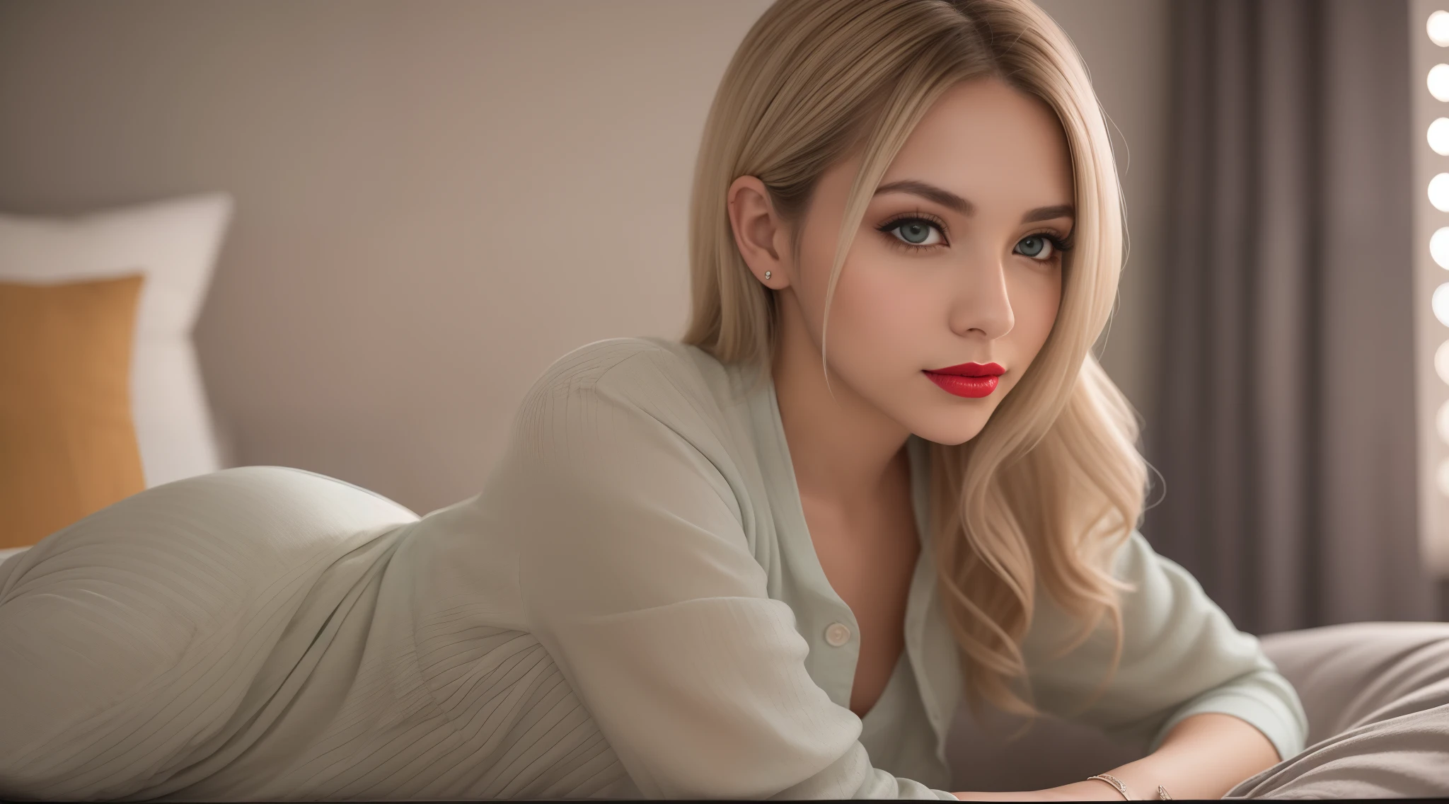 Uma mulher jovem e bonita, blonde hair that falls gently in waves up to the shoulders, altura mediana, olhos grandes e verdes, pele clara, she's in her pyjamas, ela esta em sua cama, fazendo cuidados com a pela antes de dormir, The environment is illuminated with lights of warm and pleasant colors making your hair shine, seu semblante esta naturalmente sereno, lips with red lipstick, Textura 8K, altamente detalhados, realista, soft  Cinematic Light, HDR, foco nítido, obra-prima, fotorrealista, fotografia premiada, Canon EOS R5, 35 mm.