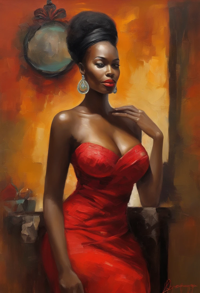 Beautiful woman wearing red dress, (((big boobs))), (((cleavage))), vestido ornamentado vermelho, mulhee negra africana, mulher vermelha bonita, usando um vestido africano, beleza estonteante, mulher deslumbrante, Tema vermelho cabelo ondulado, mulher africana