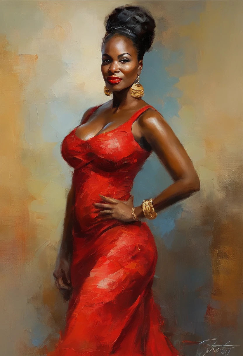 Beautiful woman wearing red dress, (((big boobs))), (((cleavage))), vestido ornamentado vermelho,  mulhee negra africana, mulher vermelha bonita, usando um vestido africano, beleza estonteante, mulher deslumbrante, Tema vermelho cabelo ondulado, mulher africana