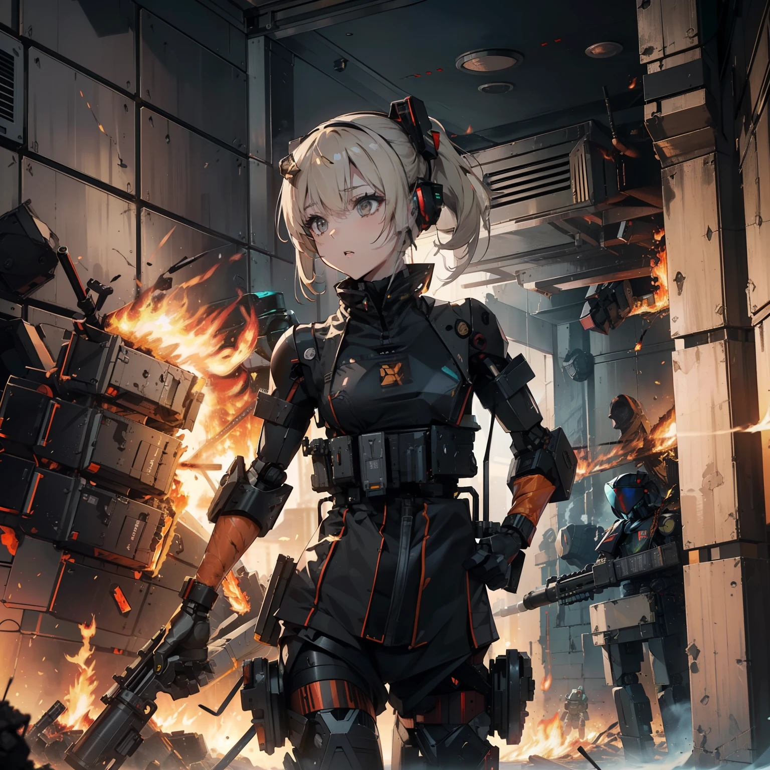 NSFW:1.2,(Female soldier with strong body)、(((Fire machine guns to destroy enemy robots:1.4)))、1 Female 1 Robot、(Black combat uniform)、(platinum-blonde-hair:1.2)、shout out、Have multiple weapons、Running through the rubble、((超A high resolution))、Detail Write、​masterpiece、top-quality、extremely details CG、8K picture quality、Cinematographic lighting、lensflare、(Night combat)、((From the inside of the building to the outside))、Hyper-detailing、Android wreckage、((cowboy  shot:1.4))、Detailed firearm depiction、Firearms with perfect detail、Perfect barrel、Driving at high speed、(dynamic ungle:1.4)、Scattered empty cartridge cases、