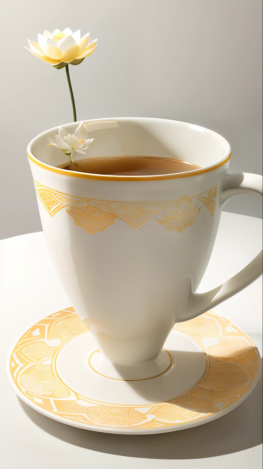 Ceramic cup product design，Pale yellow coffee cup，There is a handle，with a pure white background，There are several lotus patterns on the surface of the cup，The mouth of the cup has a circle of lotus petals，Simple shape、Cup with elegant colors，The bottom of the cup has several semicircular cut shapes