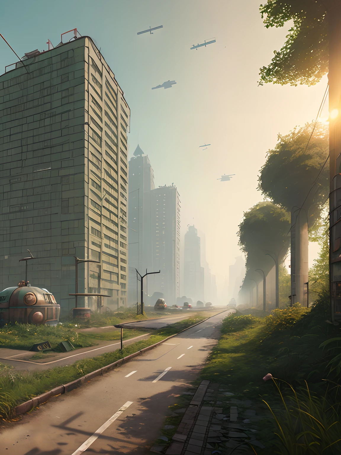 street of soviet union abandoned city, overgrown with greenery buildings, summer, sunrise, 4k, wallpaper,Science Fiction,Lighting,Environmental Concept Art &amp; Design,Digital 3D,Character Modeling,3D,realistic,textures,cgi,environment,((Simon Stalenhag)),concept,Environmental Concept Art &amp; amp Design,scifi
