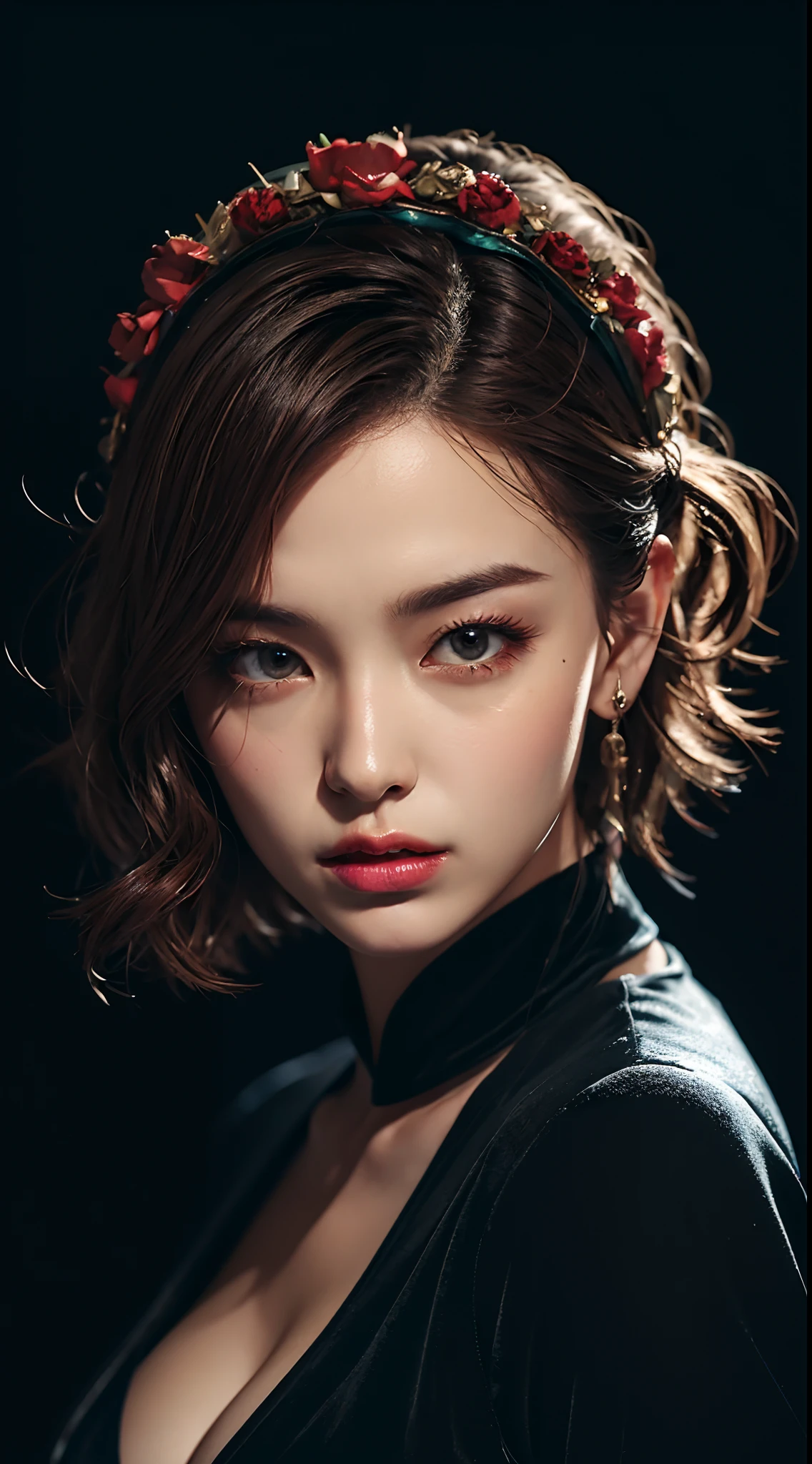 ((Extreme detail)),(Ultra-detailed), Extremely detailed Cg Unity 8K wallpaper, velvet, statues, Red hood, Crop top, star headdress, Puffy sleeves, Lips, looks away, Close-up, Turning Head, Black background