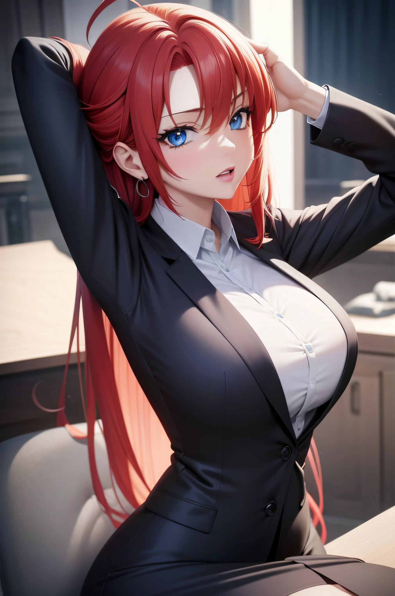 (masterpiece, best quality, detailed),1girl,rias gremory,red hair, ahoge, blue eyes, large breasts , in a business suit sitting at a desk, seductive anime girl, attractive anime girl,  (sfw), smooth anime cg art, clean detailed anime art,high resolution, (perfect hands, perfect anatomy),