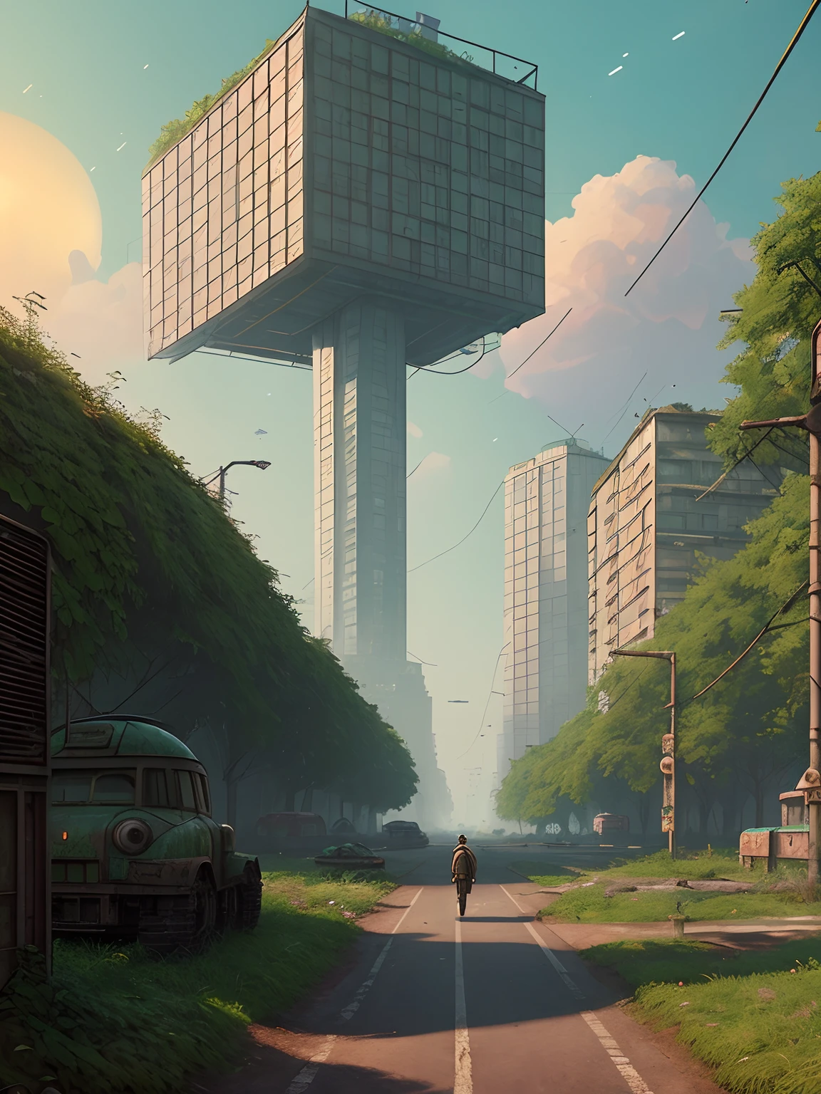 street of soviet union abandoned city, overgrown with greenery buildings, summer, sunrise, 4k, wallpaper,Science Fiction,Lighting,Environmental Concept Art &amp; Design,Digital 3D,Character Modeling,3D,realistic,textures,cgi,environment,((Simon Stalenhag)),concept,Environmental Concept Art &amp; amp Design,scifi