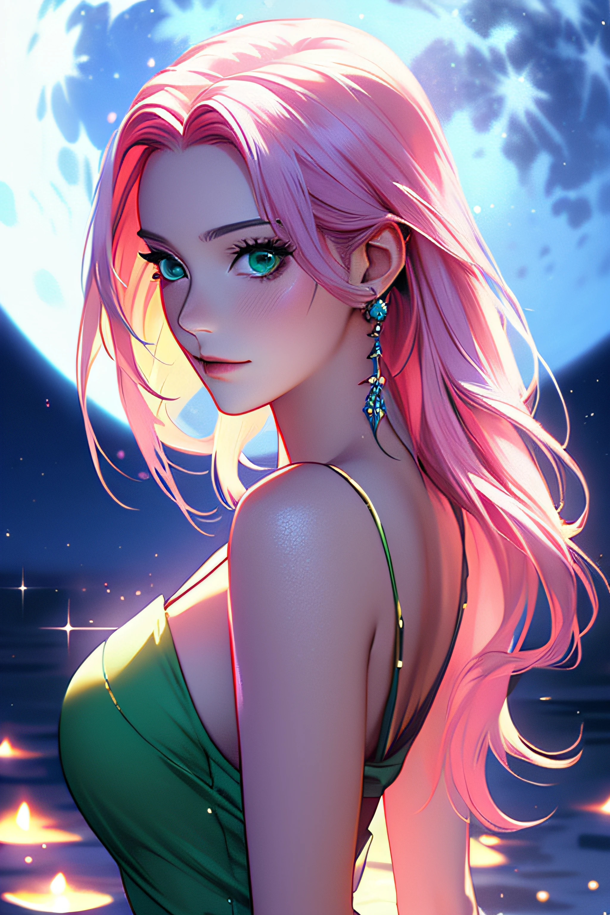 uma mulher com cabelo rosa e olhos verdes vividos, standing looking at the horizon, estilo de arte de fantasia, arte de anime realista, menina anime bonita, vestindo um vestido claro, vestido verde, mulher bonita do anime, Arte no estilo de Guweiz, realistic anime art style, epic fantasy HD art style, mulher bonita sedutora do anime, bela arte digital, Estilo de arte anime bonito, retrato bonito do anime, Estilo anime bonito, bela arte de fantasia, sakura haruno, vestido delicado, pureza, vento batendo em seus cabelos, fundo noite, com lua cheia iluminando, fundo escuro com apenas a lua cheia