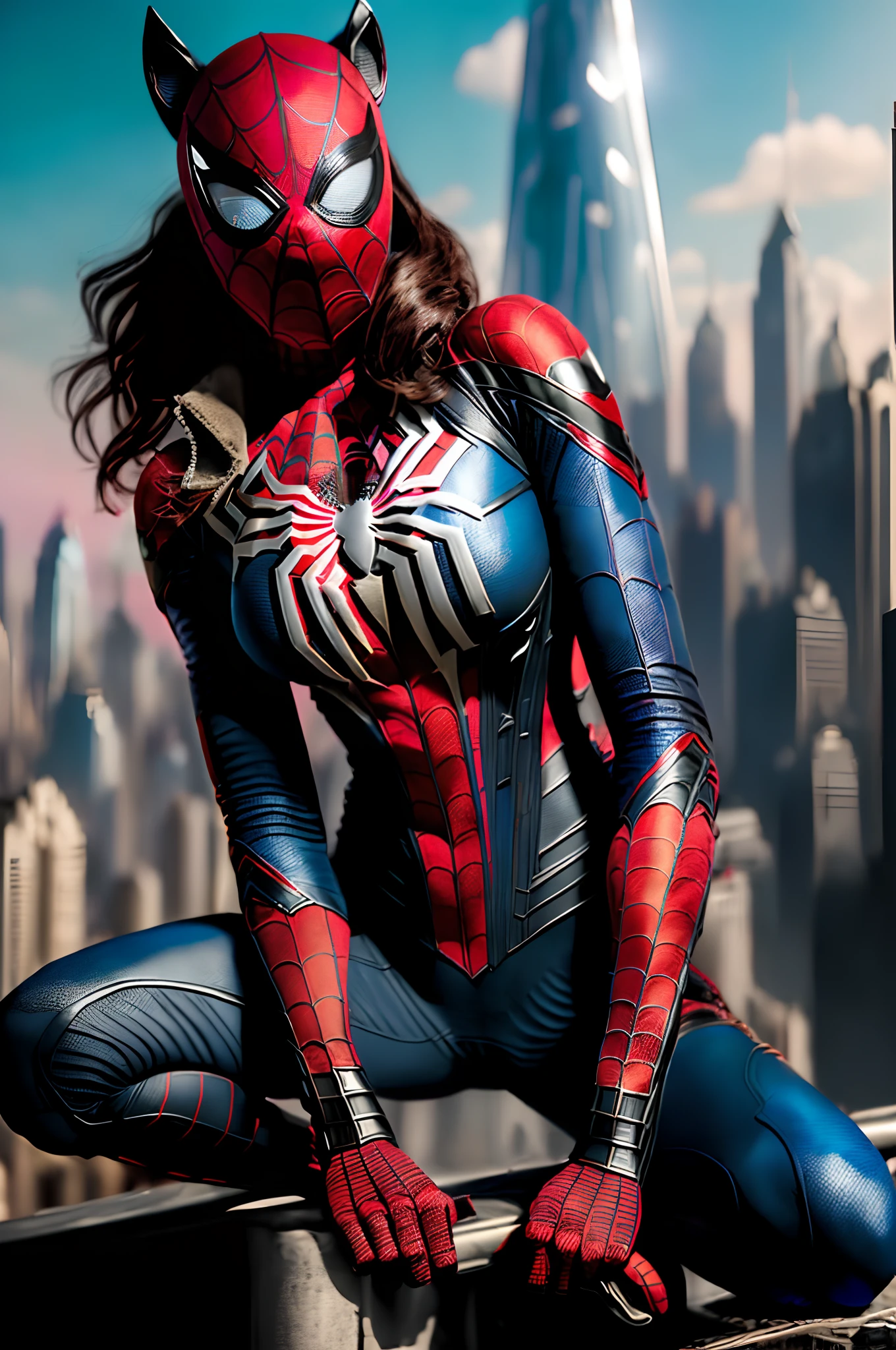 ((((American female goddess, detailed face, perfect light blue eyes, eroic expression, hot woman, she wears an open wolf leather jacket showing her huge breasts, giant long breasts on display, pink pointy breasts, based on the films of Marvel studios, Spider-Man costume, Ant-Man, wearing an open wolf leather jacket)))), Erotic (1girl: 1.3), alone, ((She wears Spider-Man's red mask)), body parts perfect sexy nudes, Official Art, 8k unified wallpaper, super detailed, beautiful and aesthetic, beautiful, masterpiece, best quality, Ultra realistic, masterpiece, super fine photo, best quality, super high resolution, Photorealistic realism, sunlight, full body portrait, incredible beauty, dynamic pose, delicate face, vibrant eyes, She is wearing a sexy Spider-Man or Ant-man outfit red and black color scheme, PERFECT huge breasts, marked bottom, on top of the tallest building crouching, busy detailed complex background, messy, beautiful, milky, highly detailed skin, realistic skin details, visible pores, sharp focus, volumetric fog, 8k UHD, DSLR camera, high quality, film grain, skin clear, photo realism, (cinematic), large metropolis in a future dystopia, chimney in the background releases black smoke, display of Marvel Spider-Man's detailed and torn clothing, the girl's erotic body and her hot parts, costume stuffed in her pussy, Epic scene, Spider-Woman sitting on the bike rubbing her pussy on the bike, epic pose, (pink and pointy breasts sticking out of her clothes), ((((Pornography, nude))) , perfect details without errors, Erotic, (Mask of the Man -Spider), (cleavage, showing, big breasts, Huge breasts, coming out of clothes)