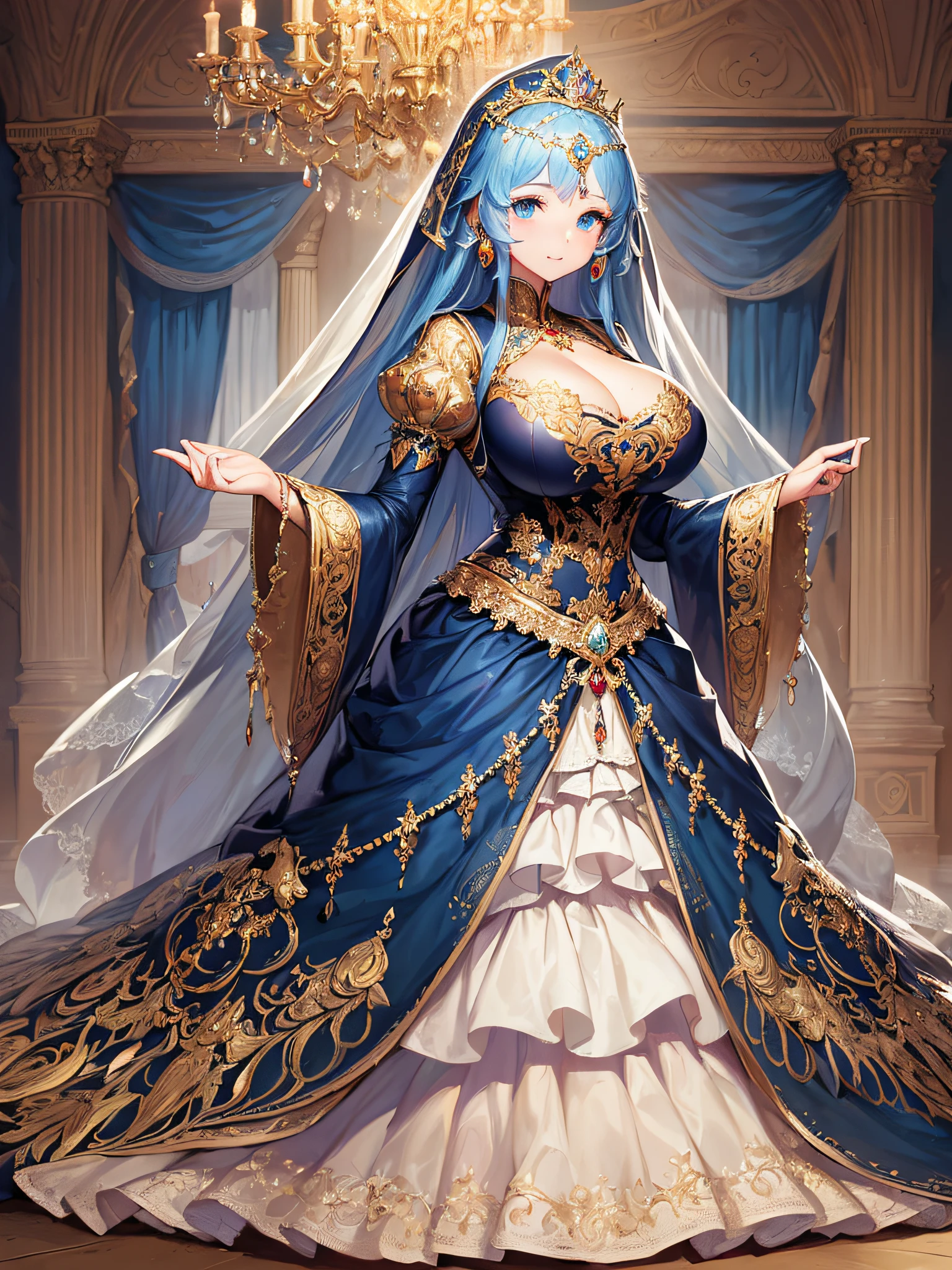 (masterpiece, best quality,extremely detailed:1.1),(moe anime art style:1.3),1girl,((full body,focus face)),((solo)), cute, kawaii,digital art,((1 princess wearing beautiful embroidery and jeweled gorgeous princess rococo ballgown with voluminous full length hoop skirt)),((crinoline)),long train,voluminous frills,See-through,(gorgeous embroidery and beautiful lace),(((gigantic tits))),skindentation,cleavage,shiny hair,(((very long hair,very long straight hair))),((finely detailed face and eyes)),clear pupil,extremely gorgeousfull hair ornament,(bling-bling jeweled extremely gorgeousfull tiara),(bling-bling gorgeous gemstone jewelry),long veil,(beautiful background),full body,((beautiful embroidery and jeweled gorgeous princess rococo ballgown with voluminous full length hoop skirt))