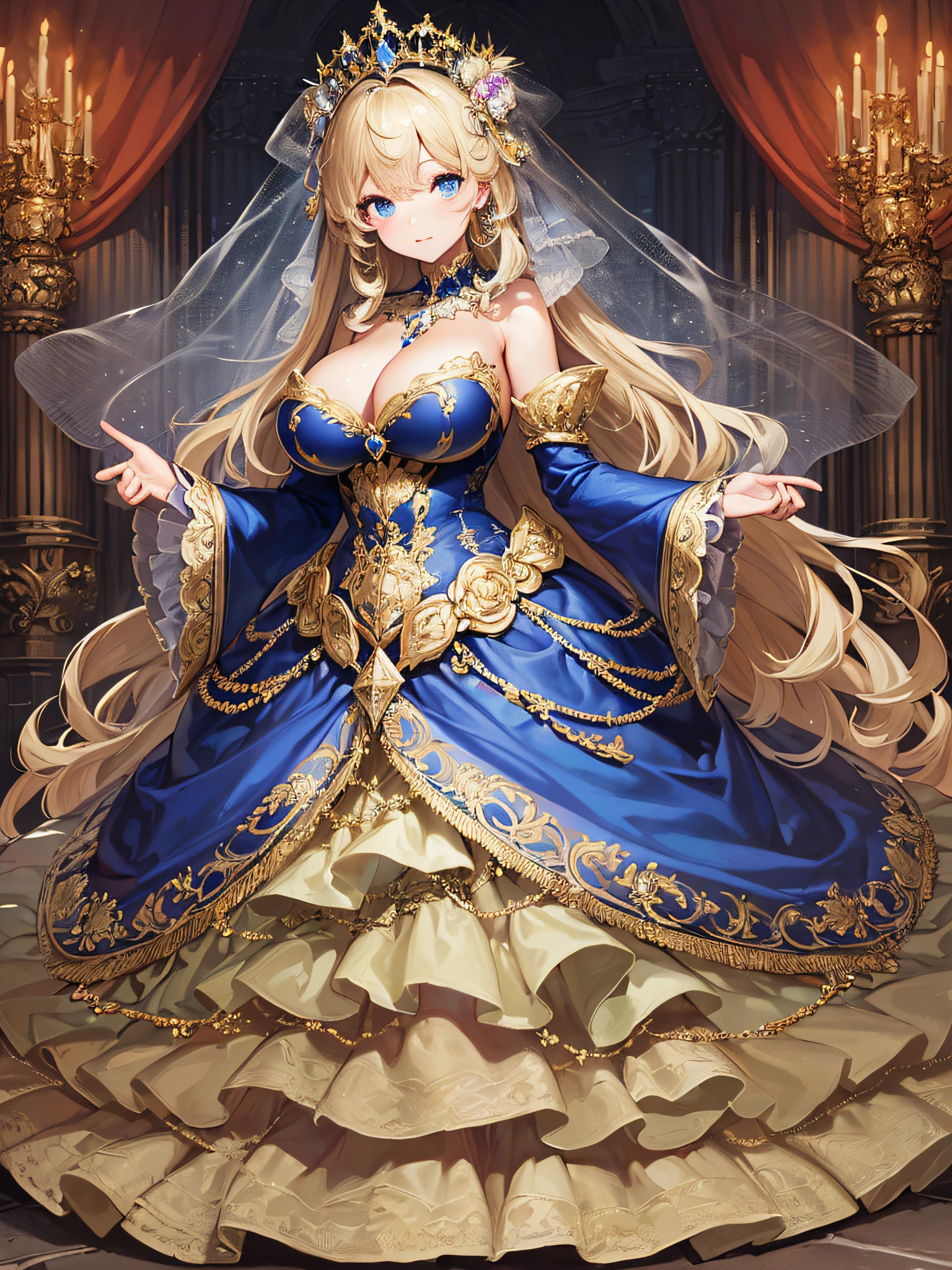 (masterpiece, best quality,extremely detailed:1.1),(moe anime art style:1.3),1girl,((full body,focus face)),((solo)), cute, kawaii,digital art,((1 princess wearing beautiful embroidery and jeweled gorgeous princess rococo ballgown with voluminous full length hoop skirt)),((crinoline)),long train,voluminous frills,See-through,(gorgeous embroidery and beautiful lace),(((gigantic tits))),skindentation,cleavage,shiny hair,(((very long hair,very long straight hair))),((finely detailed face and eyes)),clear pupil,extremely gorgeousfull hair ornament,(bling-bling jeweled extremely gorgeousfull tiara),(bling-bling gorgeous gemstone jewelry),long veil,(beautiful background),full body,((beautiful embroidery and jeweled gorgeous princess rococo ballgown with voluminous full length hoop skirt))