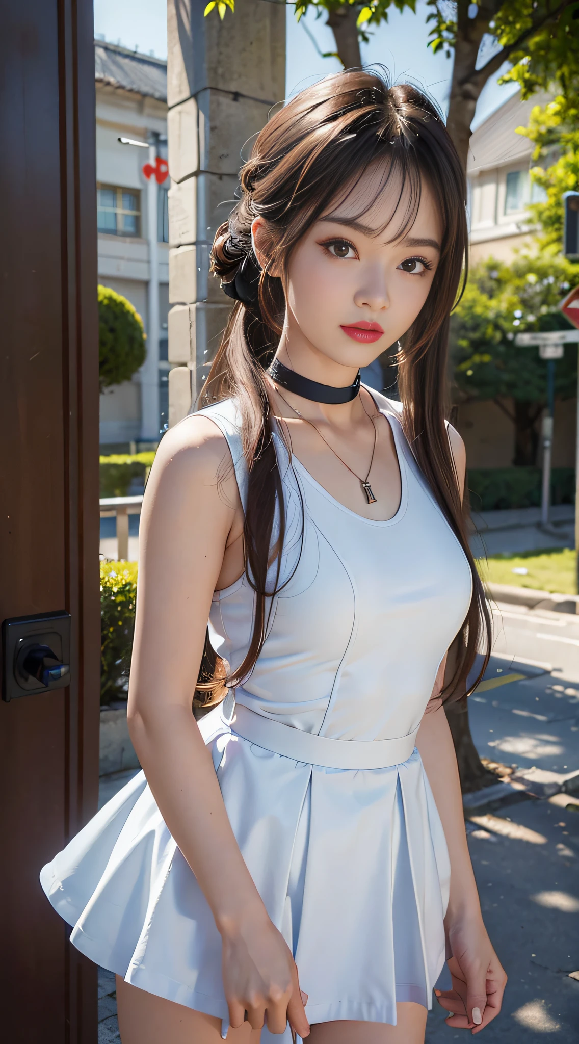 ((​masterpiece:1.4)、(top-quality:1.4)、(reallistic:1.7))、masuter piece:1.4、Sexy female combat suit sticking to body、It is a sleeveless sailor suit design with cool blue design on white background.、Sexy super mini skirt in bright fat color integrated with jacket、Wear red gloves、Kawaii Girl、Super beauty、foco nítido、Portrait photos、Upper body photography、beautiful countenance、beautidful eyes、Narrow waist、poneyTail、Raw photo、red-lips、a choker:1.4、a necklace:1.4、耳Nipple Ring:1.4、1 screen display、Outdoor landscape