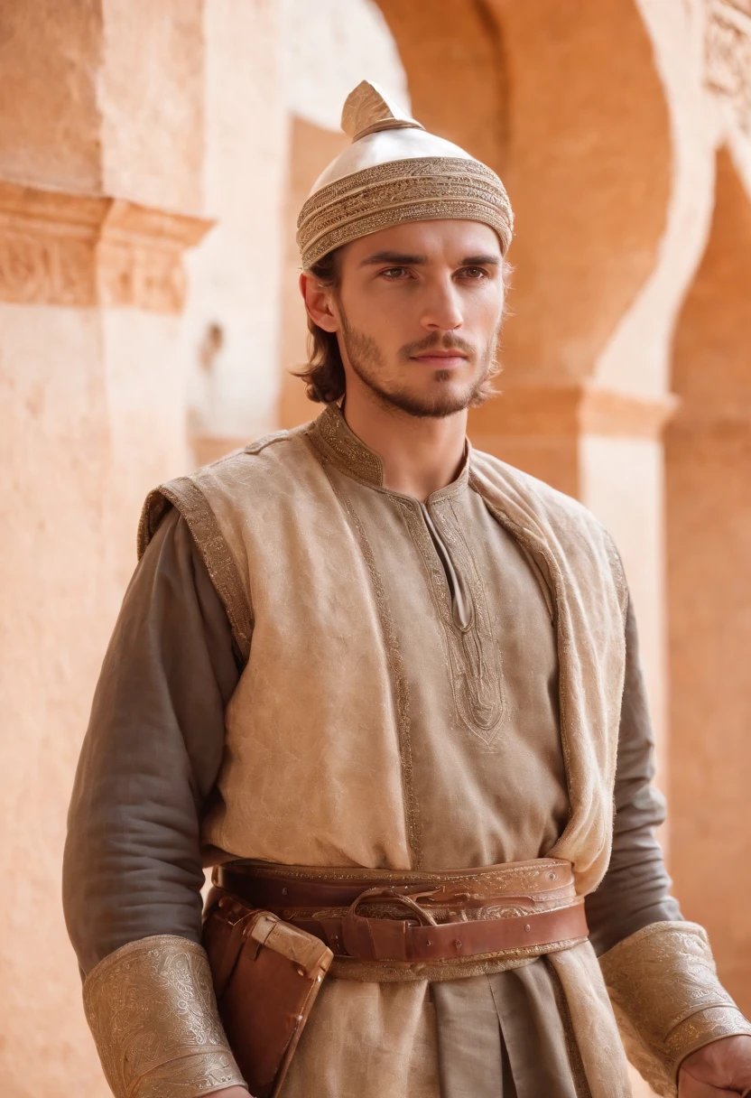 strong, A young man with brown and white hair, A light beard and a full body dressed as a warrior standing in the palaces of Andalusia Moroccan Zellige,Islamic war hat,The whole body looks at the camera holding a sword