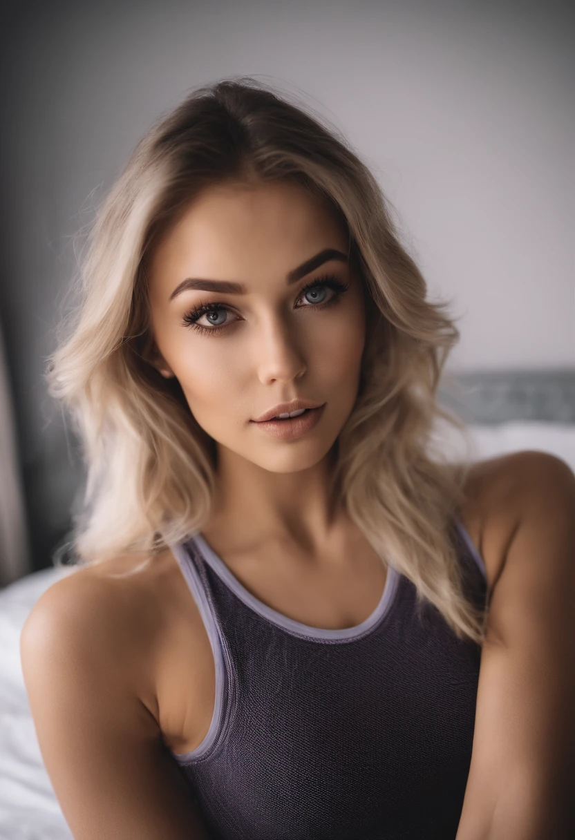 Arafed woman with matching tank top and panties, Sexy girl with brown eyes, portrait sophie mudd, blonde hair and large eyes, Selfie einer jungen Frau, Augen im Schlafzimmer, Violet Myers, ohne Make-up, Natural makeup, Blick direkt in die Kamera, Gesicht mit Artgram, dezentes Make-up, Stunning full body shot, im Schlafzimmer, Spaltung