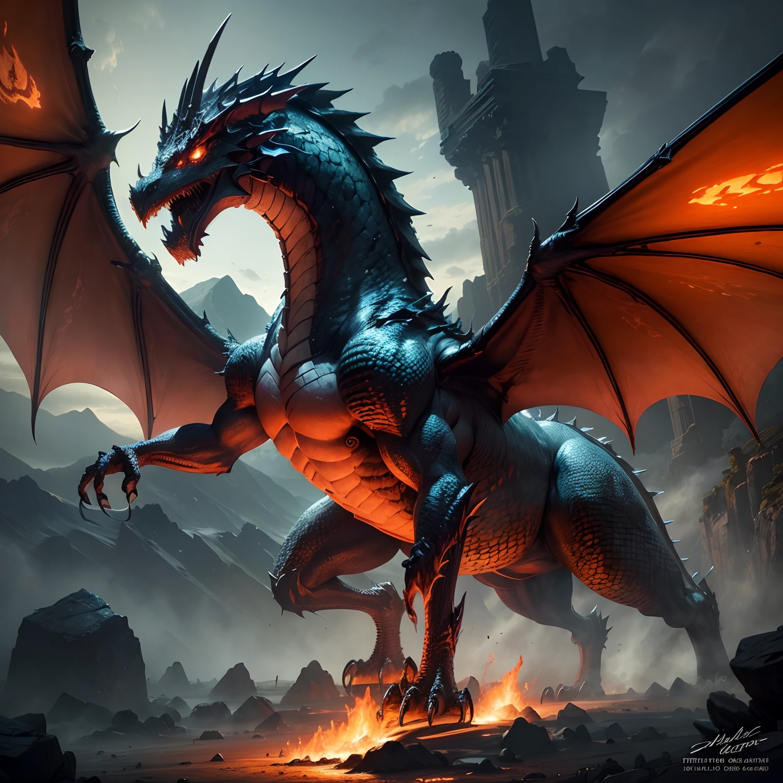 Huge dragon flying in the air, monster, western dragon, red, breathing fire in the mouth, mountains as background, heavy rain weather, lightning, fantasy, big scene, (excellent detail, outstanding lighting, wide angle), (excellent rendering, enough to stand out in its class),