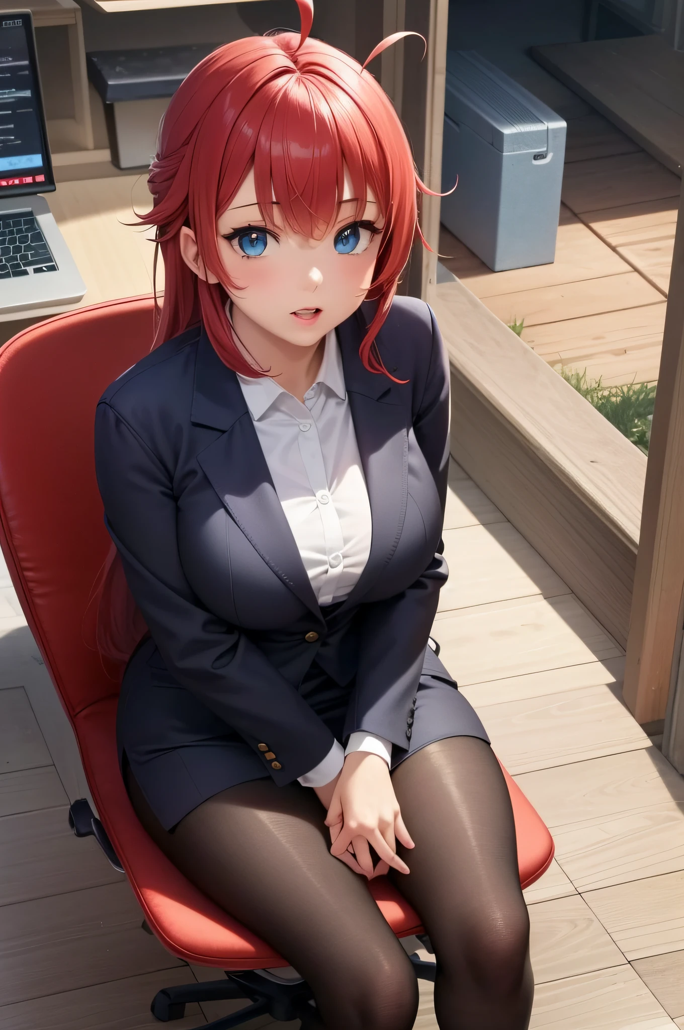 (masterpiece, best quality, detailed),1girl,rias gremory,red hair, ahoge, blue eyes, large breasts , sitting in an office chair, smooth anime cg art, (sfw),at pixiv, detailed digital anime art, on a desk,clean detailed anime art,high resolution, (perfect hands, perfect anatomy),