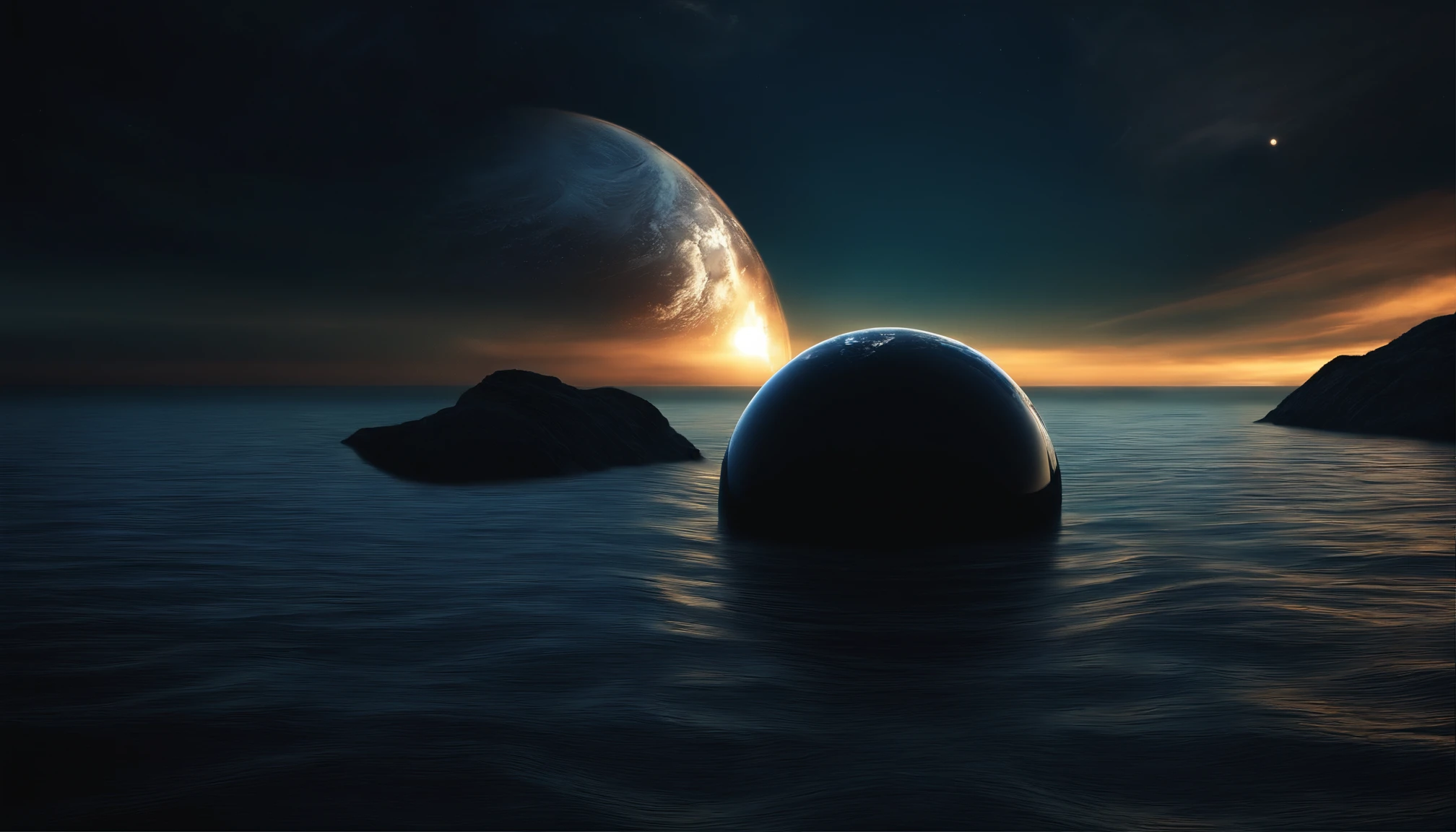 The earth was formless and empty, and darkness covered the deep waters, Generate an image that portrays the Earth as a featureless, dark sphere, shrouded in a mysterious deep ocean.