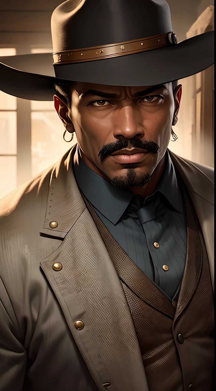 Design a 9:16 vintage-style portrait of the legendary lawman Bass Reeves, emphasizing his clever tactics and the ambiance of classic Hollywood Westerns.